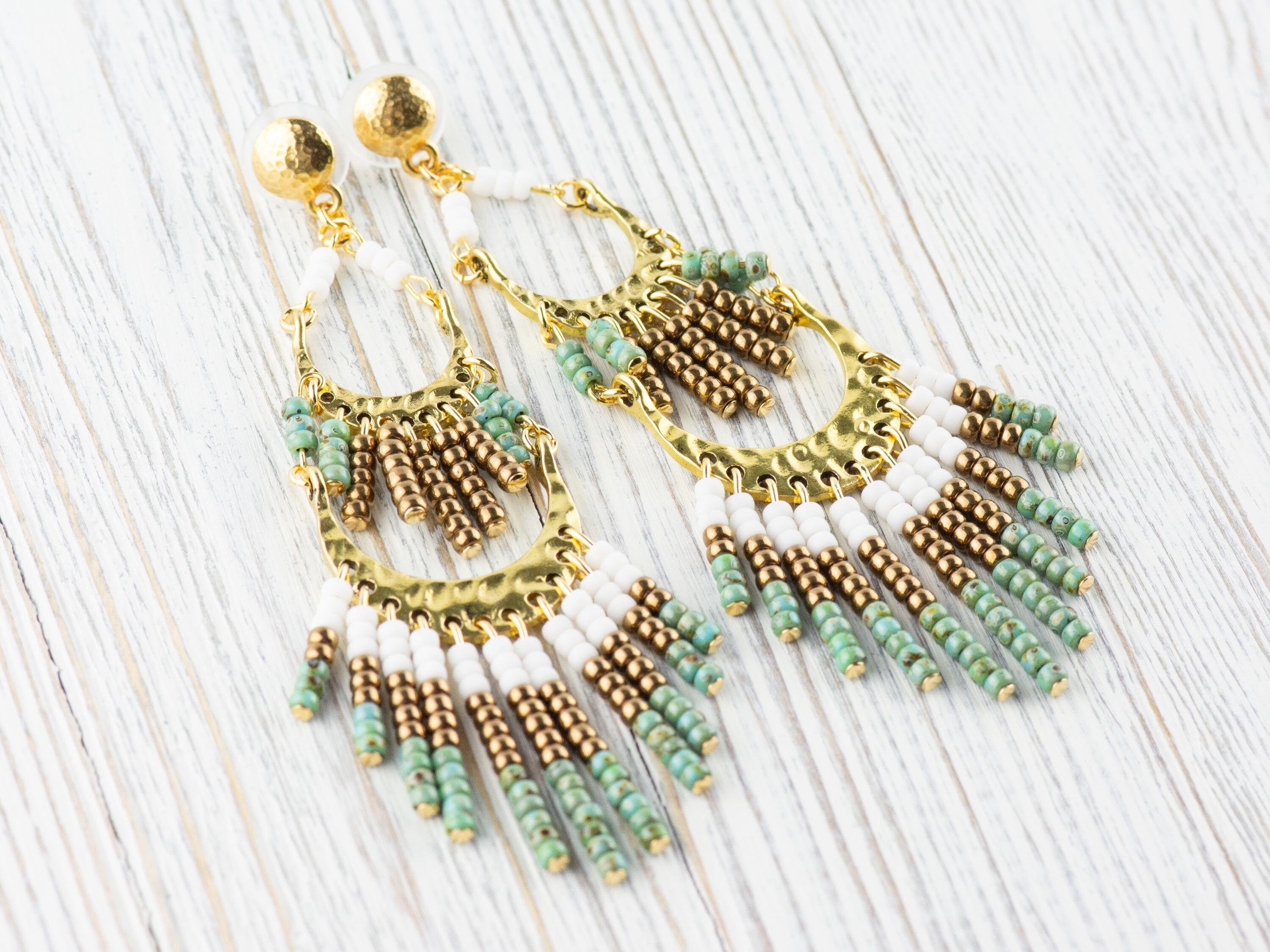 Desert Plain Boho Fringe Statement Earrings • Handmade Seed Bead Jewelry • Funky Shiny Gold Long Chandelair Earrings • Bold Western Vibe
