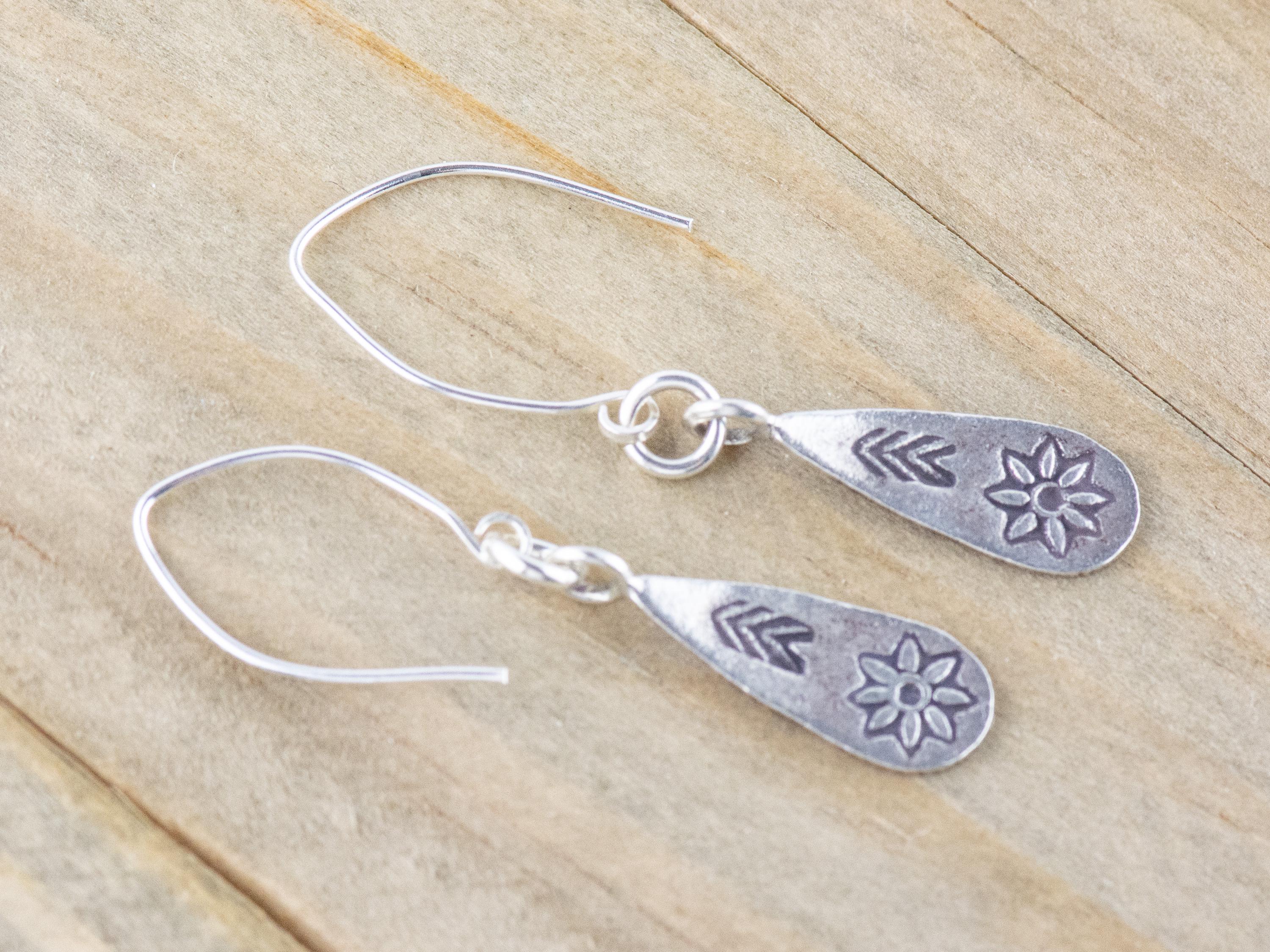 Flower Teardrop Hill Tribe Antiqued Fine Silver Earrings • Nature Themed Boho Minimalist Jewelry • Hypoallergenic Cute Dainty Earrings