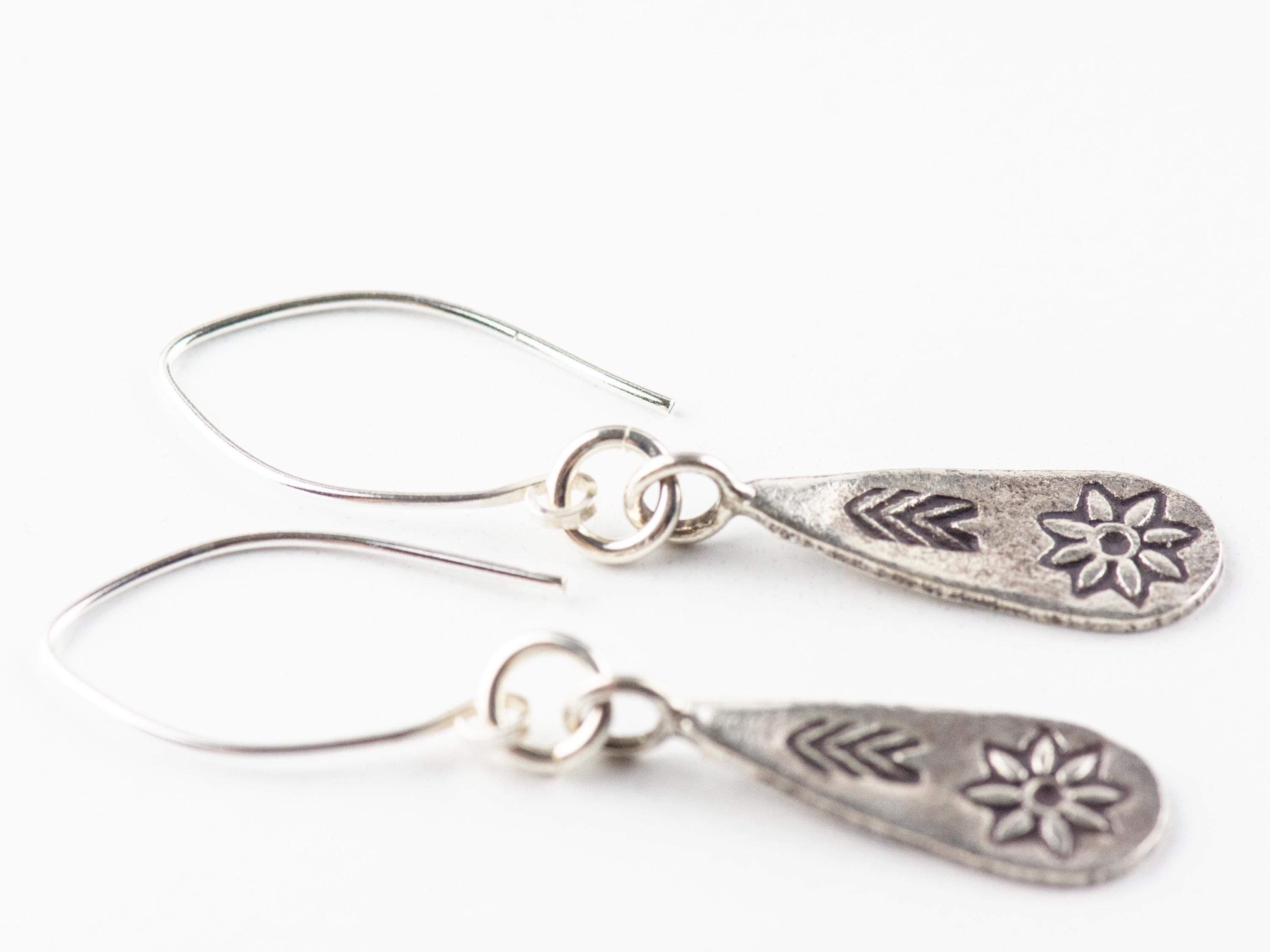 Flower Teardrop Hill Tribe Antiqued Fine Silver Earrings • Nature Themed Boho Minimalist Jewelry • Hypoallergenic Cute Dainty Earrings