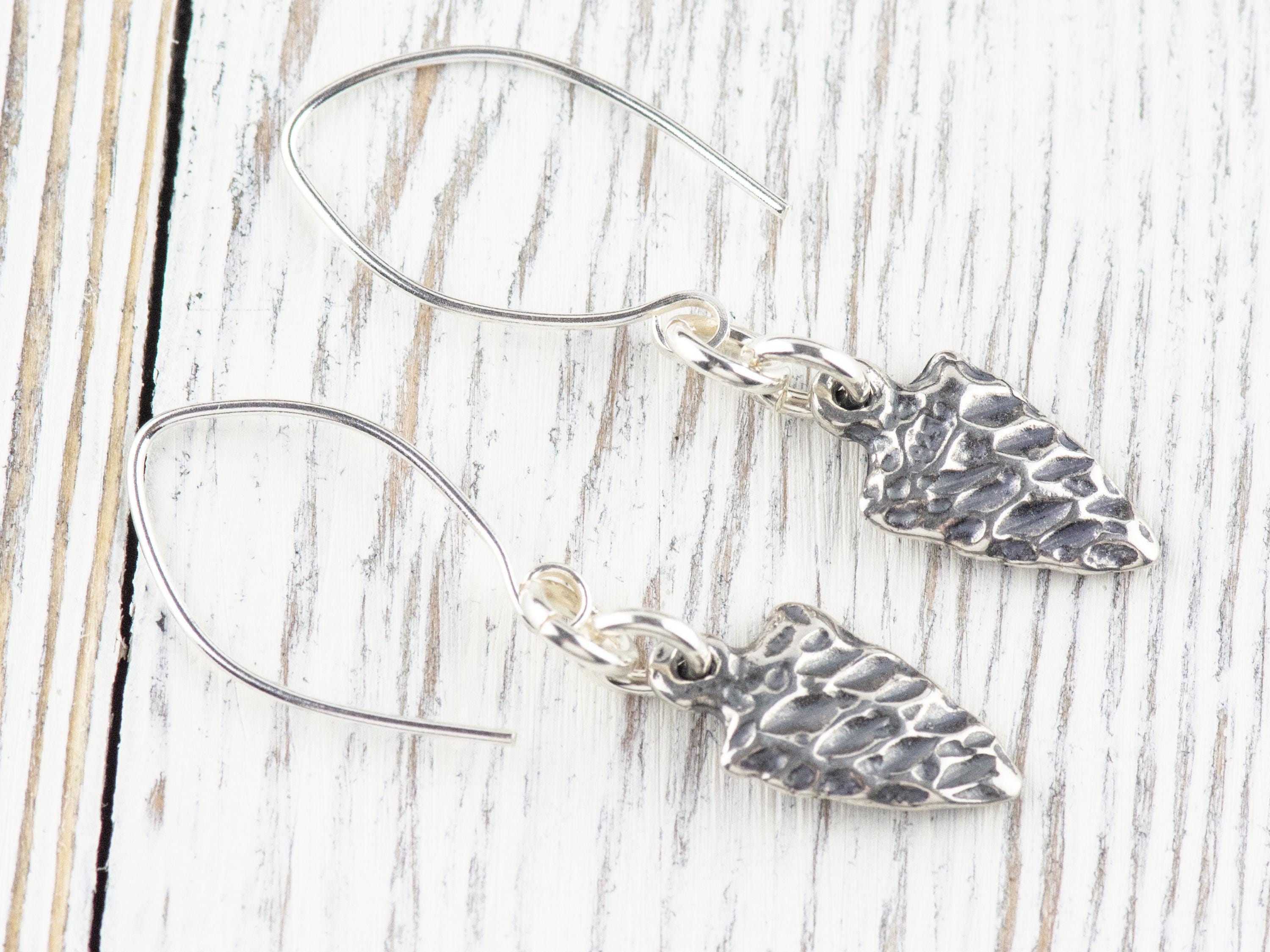 Arrowhead .925 Sterling Silver Charm Earrings • Boho Minimalist Jewelry • Hypoallergenic Hill Tribe Fine Silver Ear Wires • Cute Earrings
