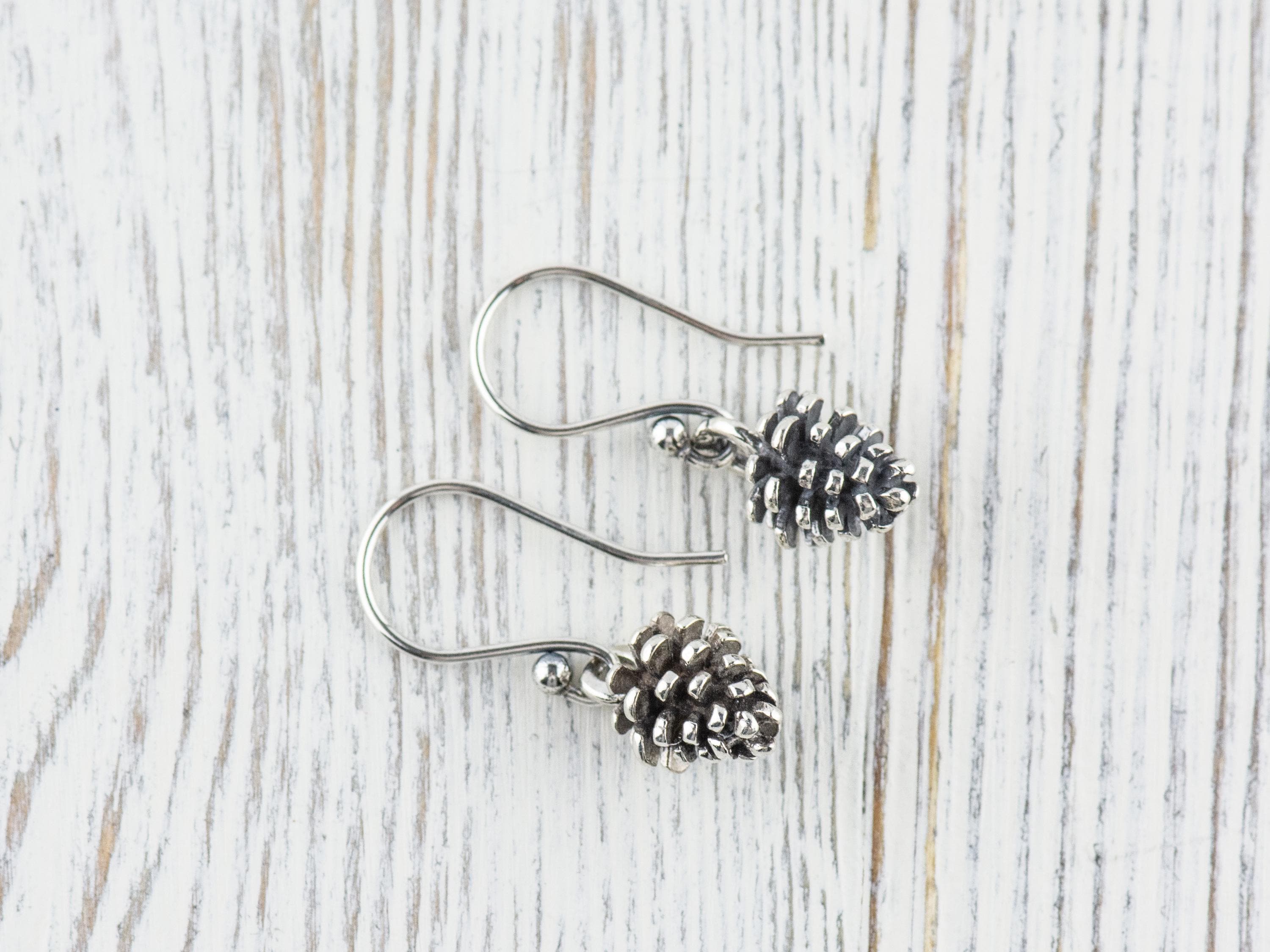 Pine Cone .925 Sterling Silver Charm Earrings • Nature-Inspired Woodsy Jewelry • Cute Outdoorsy Earrings • Rustic Minimalist Style