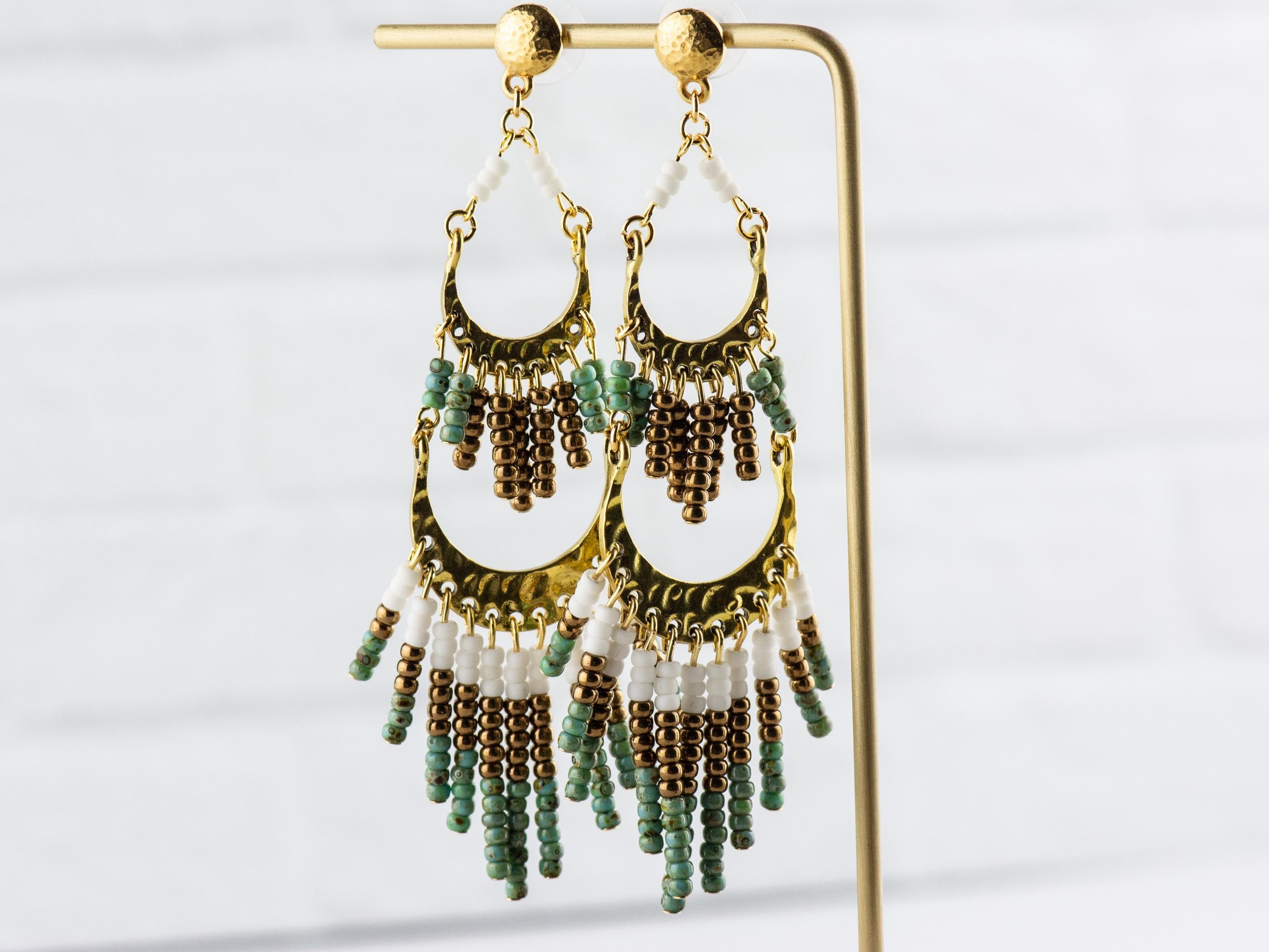 Desert Plain Boho Fringe Statement Earrings • Handmade Seed Bead Jewelry • Funky Shiny Gold Long Chandelair Earrings • Bold Western Vibe