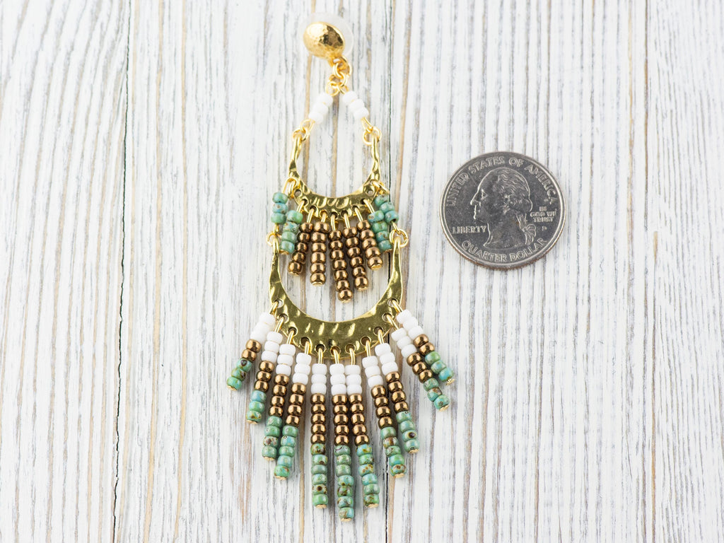 Desert Plain Boho Fringe Statement Earrings • Handmade Seed Bead Jewelry • Funky Shiny Gold Long Chandelair Earrings • Bold Western Vibe