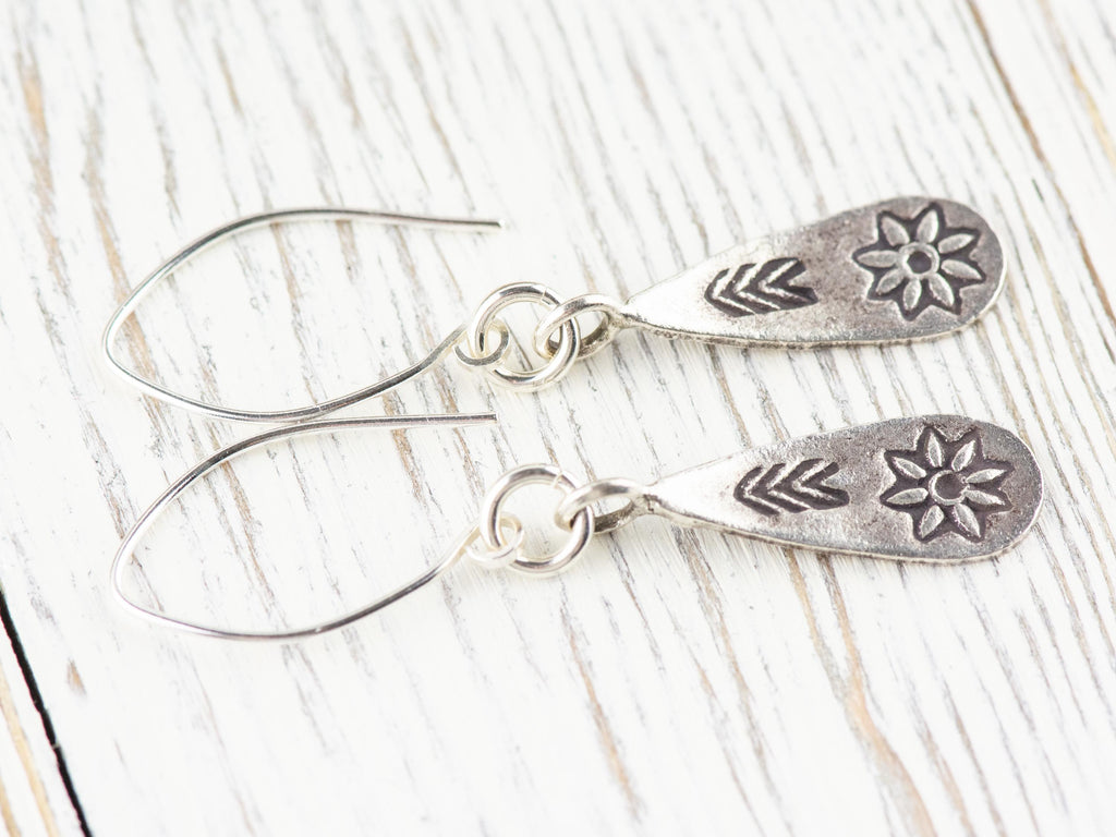 Flower Teardrop Hill Tribe Antiqued Fine Silver Earrings • Nature Themed Boho Minimalist Jewelry • Hypoallergenic Cute Dainty Earrings