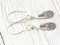 Flower Teardrop Hill Tribe Antiqued Fine Silver Earrings • Nature Themed Boho Minimalist Jewelry • Hypoallergenic Cute Dainty Earrings