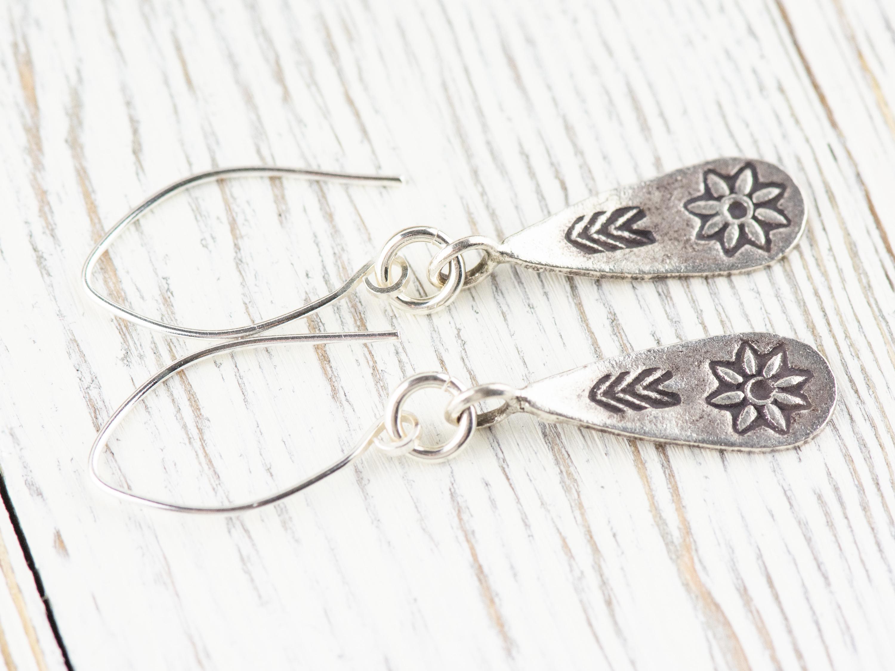 Flower Teardrop Hill Tribe Antiqued Fine Silver Earrings • Nature Themed Boho Minimalist Jewelry • Hypoallergenic Cute Dainty Earrings