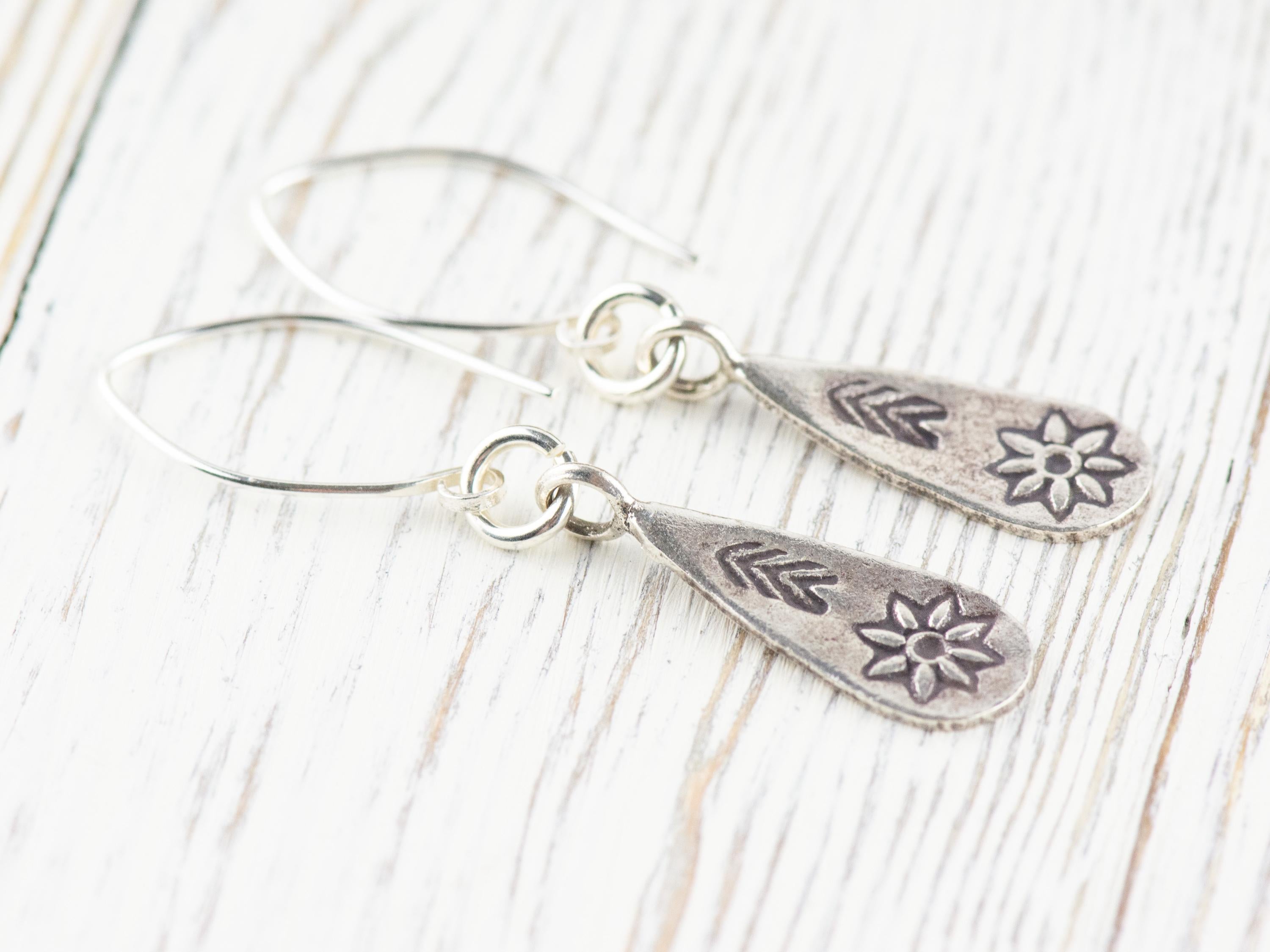 Flower Teardrop Hill Tribe Antiqued Fine Silver Earrings • Nature Themed Boho Minimalist Jewelry • Hypoallergenic Cute Dainty Earrings