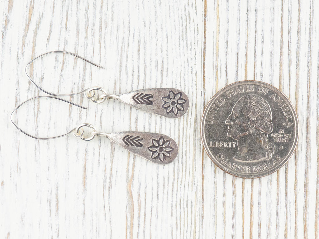 Flower Teardrop Hill Tribe Antiqued Fine Silver Earrings • Nature Themed Boho Minimalist Jewelry • Hypoallergenic Cute Dainty Earrings