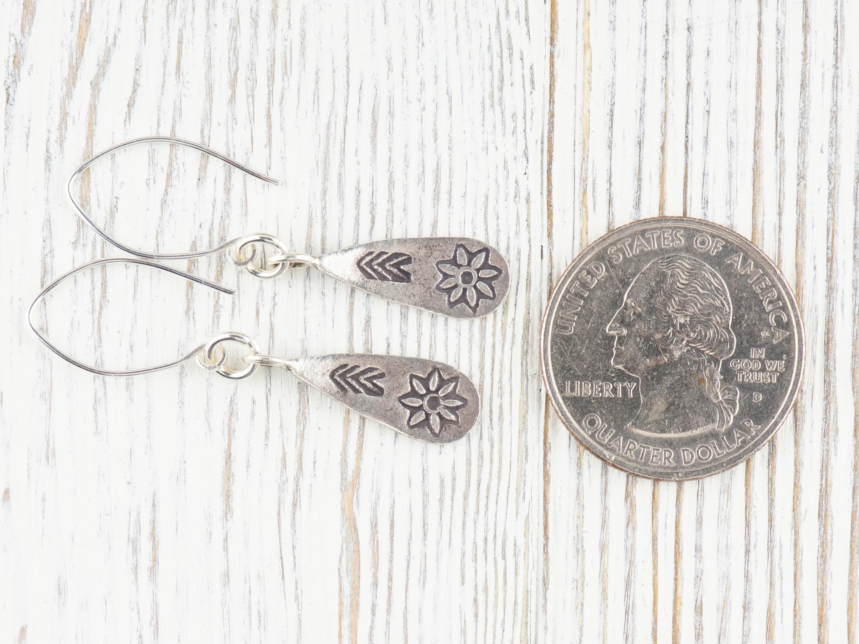 Flower Teardrop Hill Tribe Antiqued Fine Silver Earrings • Nature Themed Boho Minimalist Jewelry • Hypoallergenic Cute Dainty Earrings