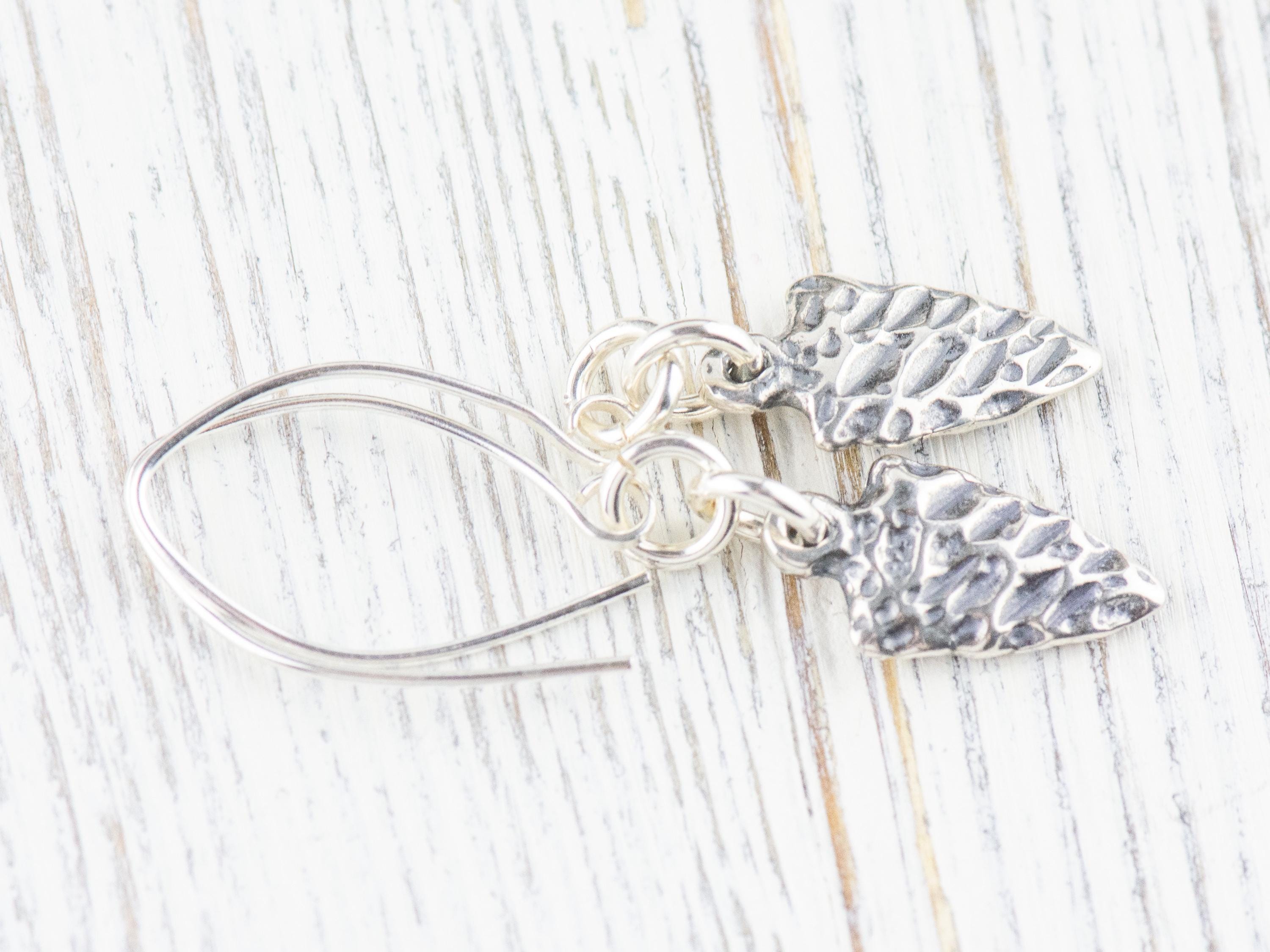 Arrowhead .925 Sterling Silver Charm Earrings • Boho Minimalist Jewelry • Hypoallergenic Hill Tribe Fine Silver Ear Wires • Cute Earrings