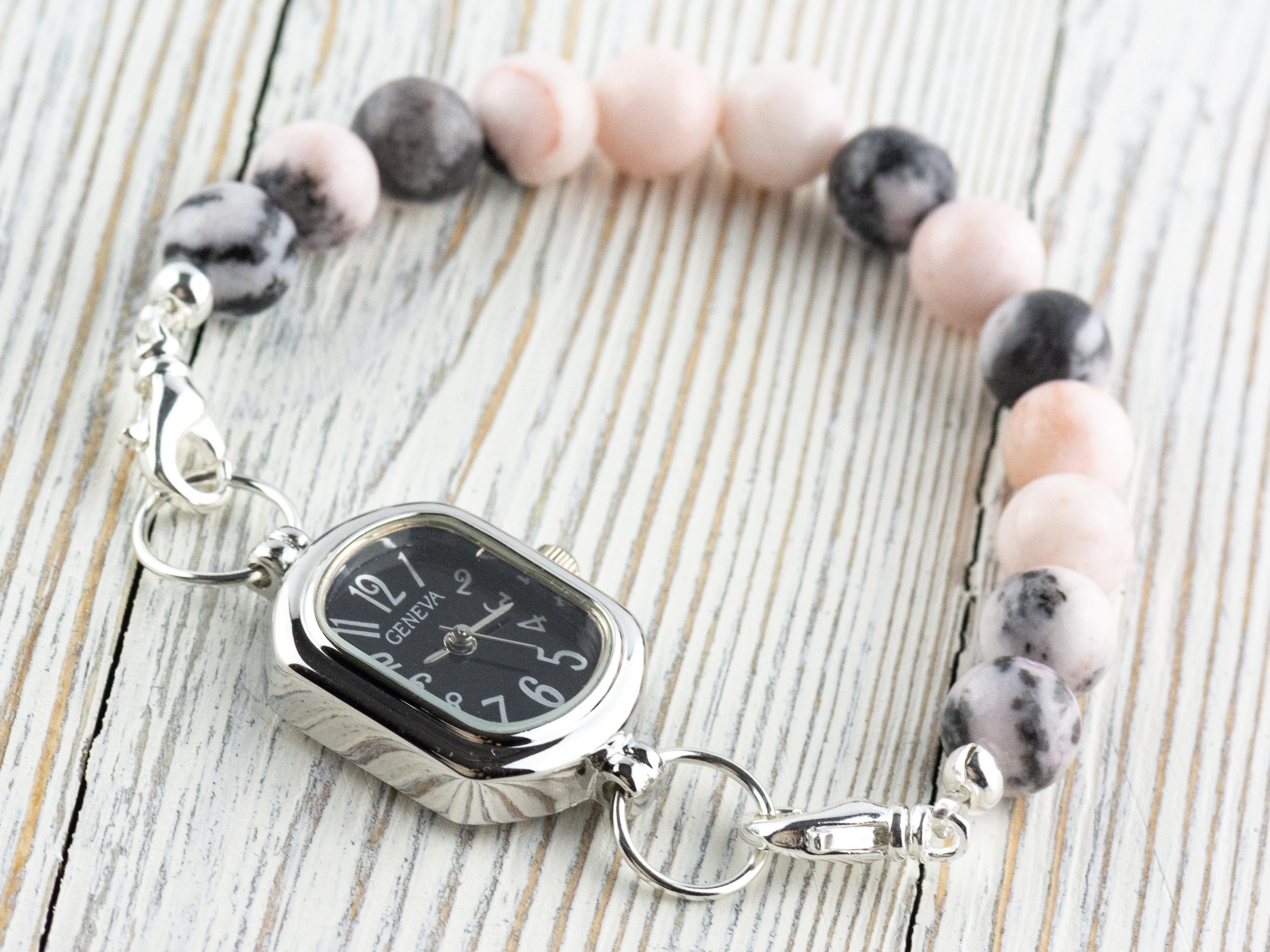 Black Dial Silvertone Rectangle Watch Face • DIY Beading Watch • Jewelry Making • Analog • Loops and Battery Included