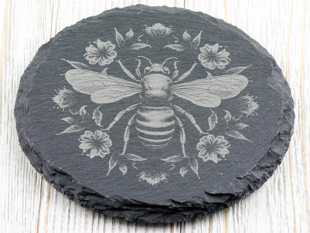 Floral Bumble Bee #1 Black Slate Round Coaster • Laser-Engraved Rustic Barware