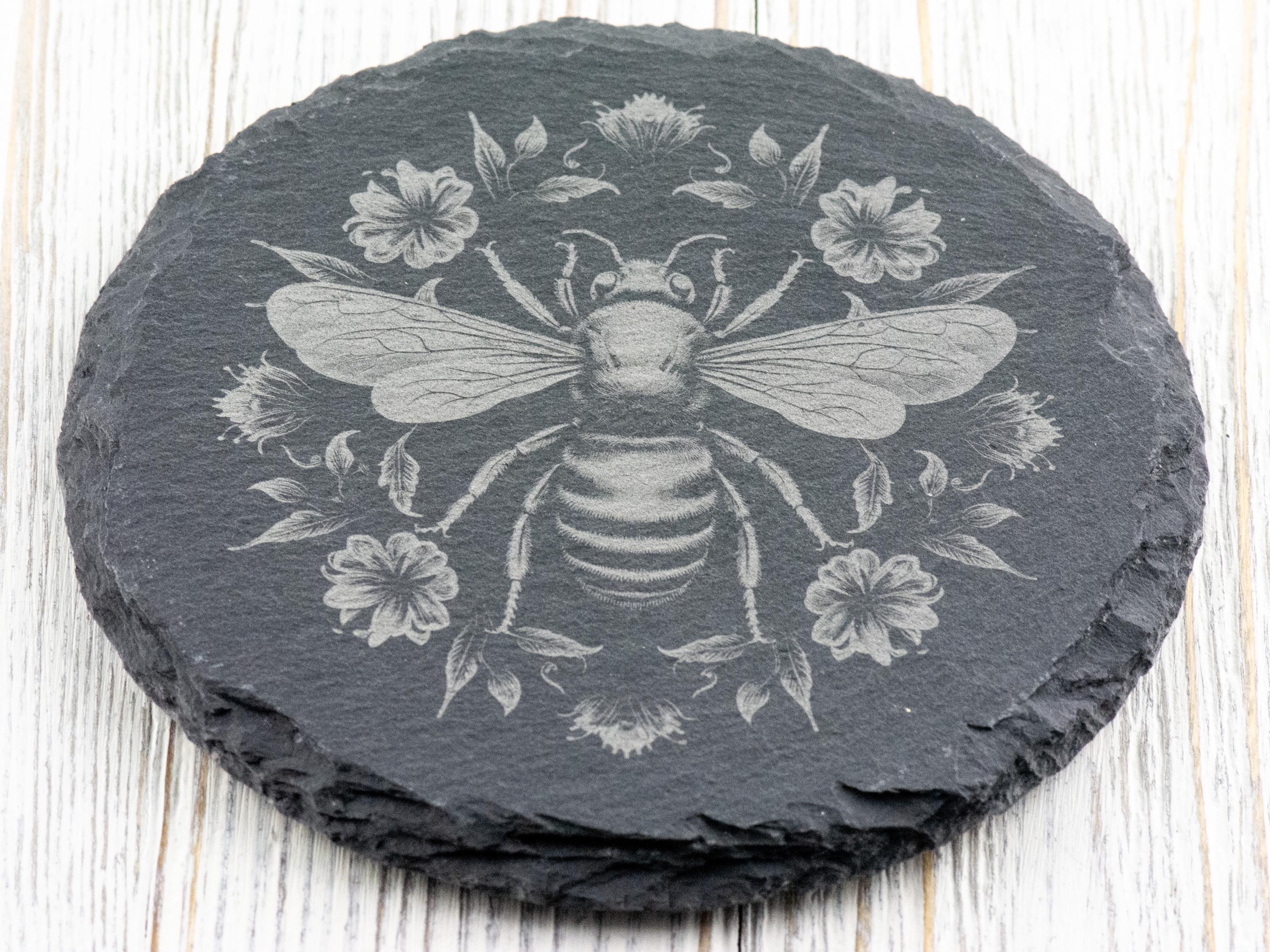 Floral Bumble Bee #1 Black Slate Round Coaster • Laser-Engraved Rustic Barware