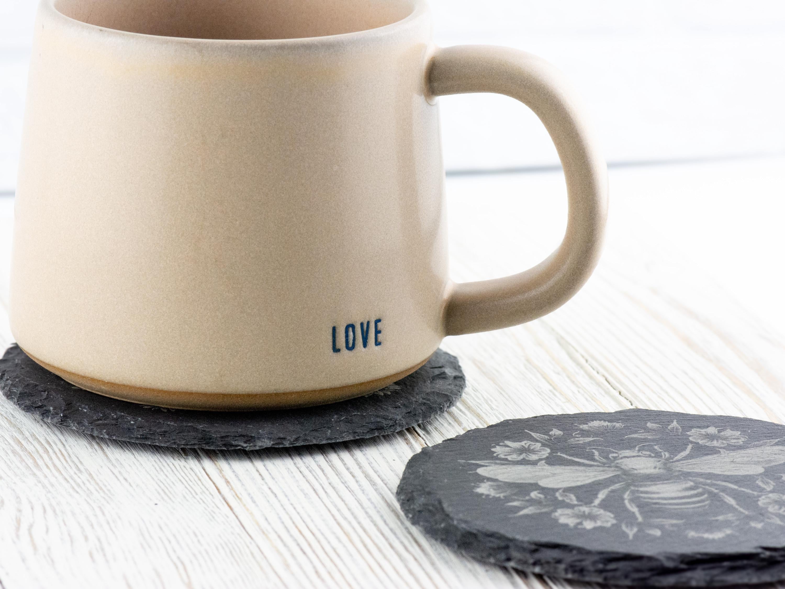 Floral Bumble Bee #2 Black Slate Round Coaster • Laser-Engraved Rustic Barware