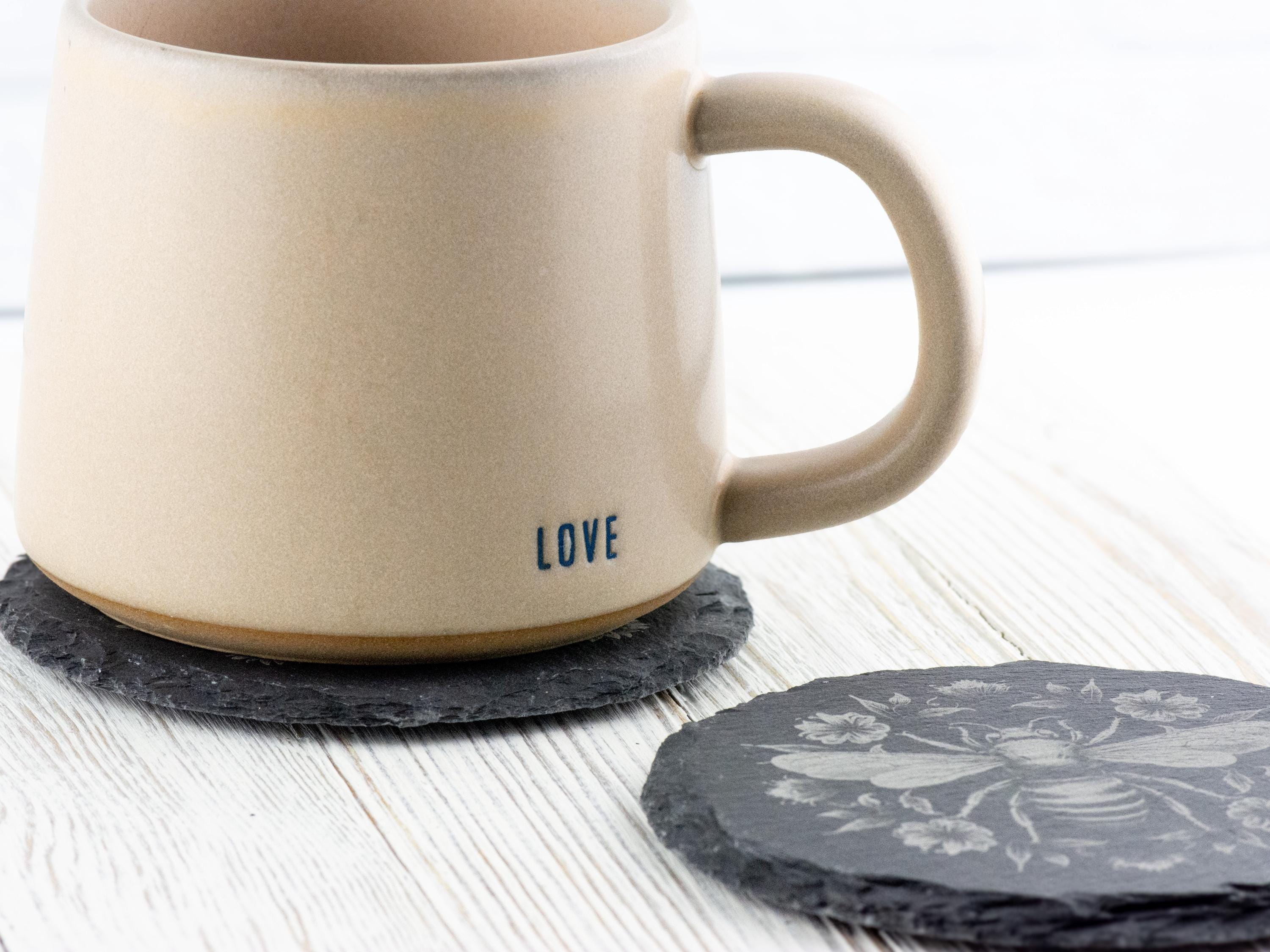 Floral Bumble Bee #1 Black Slate Round Coaster • Laser-Engraved Rustic Barware