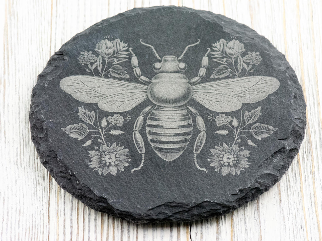 Floral Bumble Bee #2 Black Slate Round Coaster • Laser-Engraved Rustic Barware