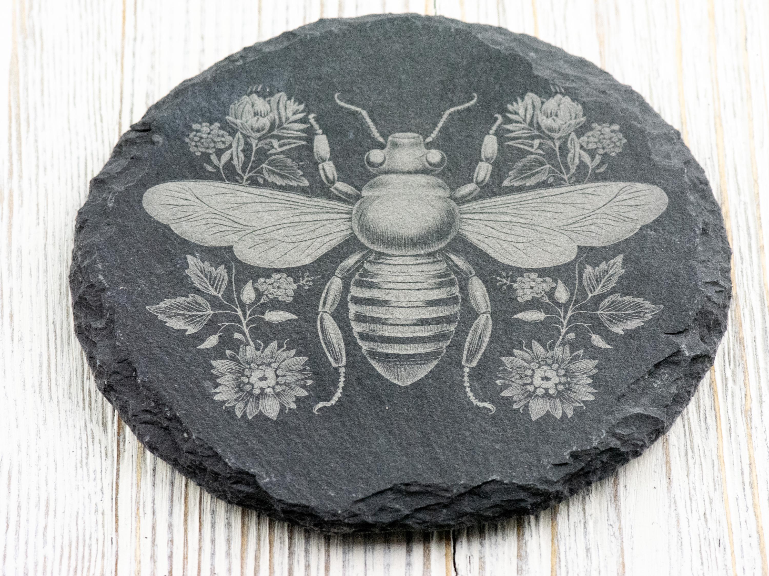 Floral Bumble Bee #2 Black Slate Round Coaster • Laser-Engraved Rustic Barware