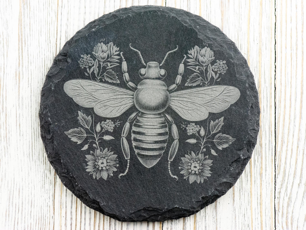 Floral Bumble Bee #2 Black Slate Round Coaster • Laser-Engraved Rustic Barware
