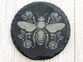 Floral Bumble Bee #2 Black Slate Round Coaster • Laser-Engraved Rustic Barware