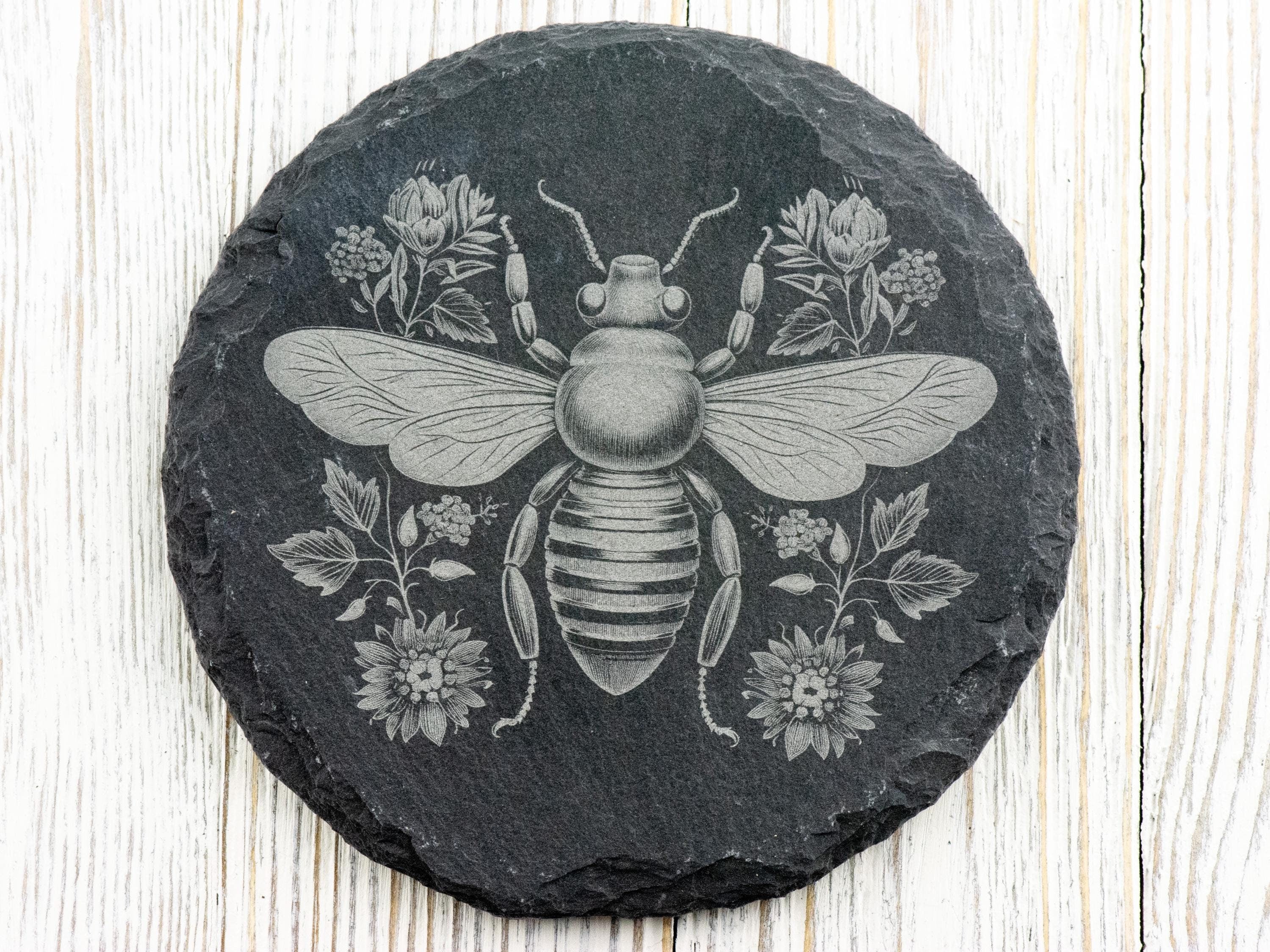 Floral Bumble Bee #2 Black Slate Round Coaster • Laser-Engraved Rustic Barware