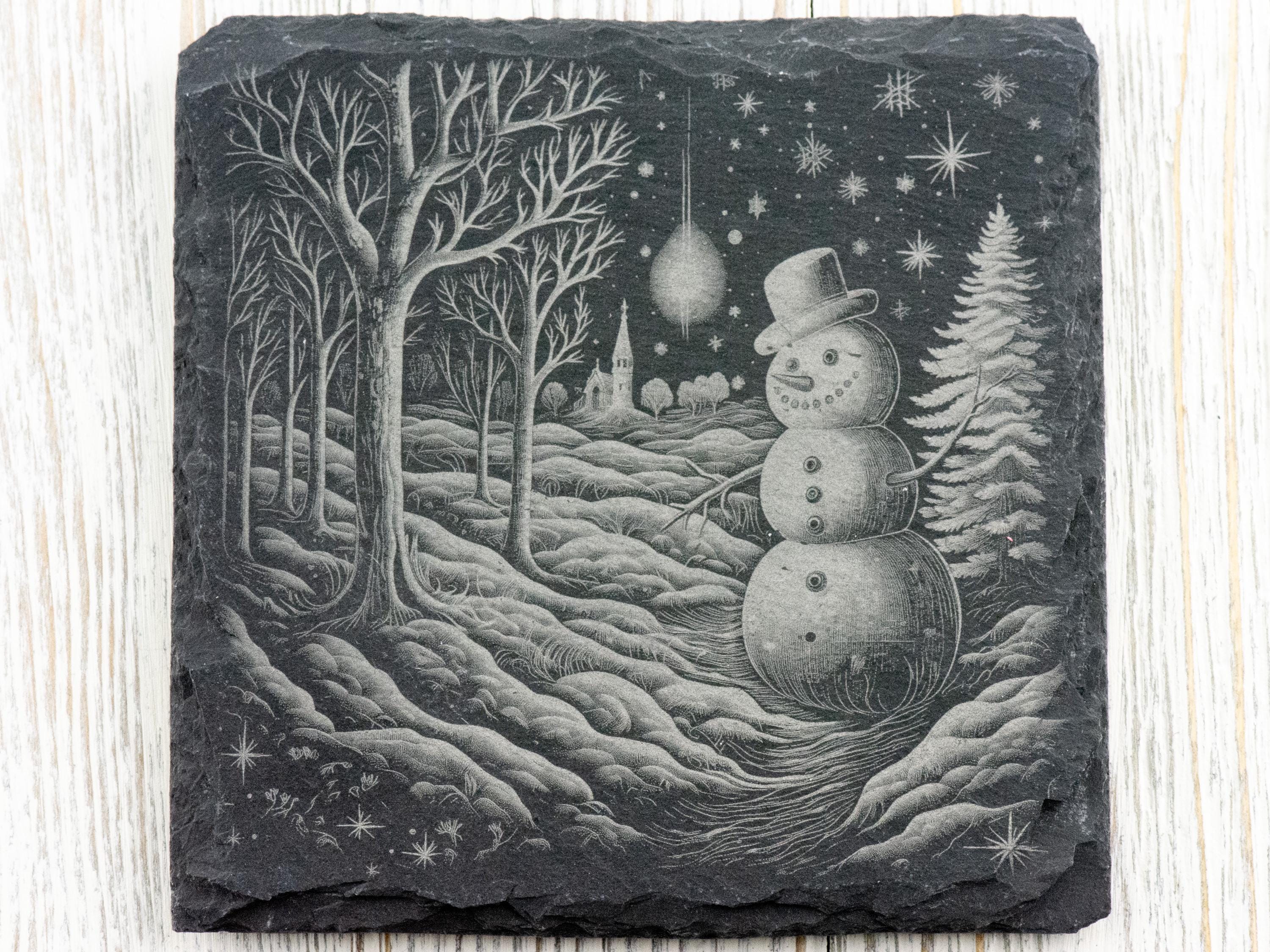 Laser Engraved Snowman #1 Black Slate Square Coaster • Rustic Barware