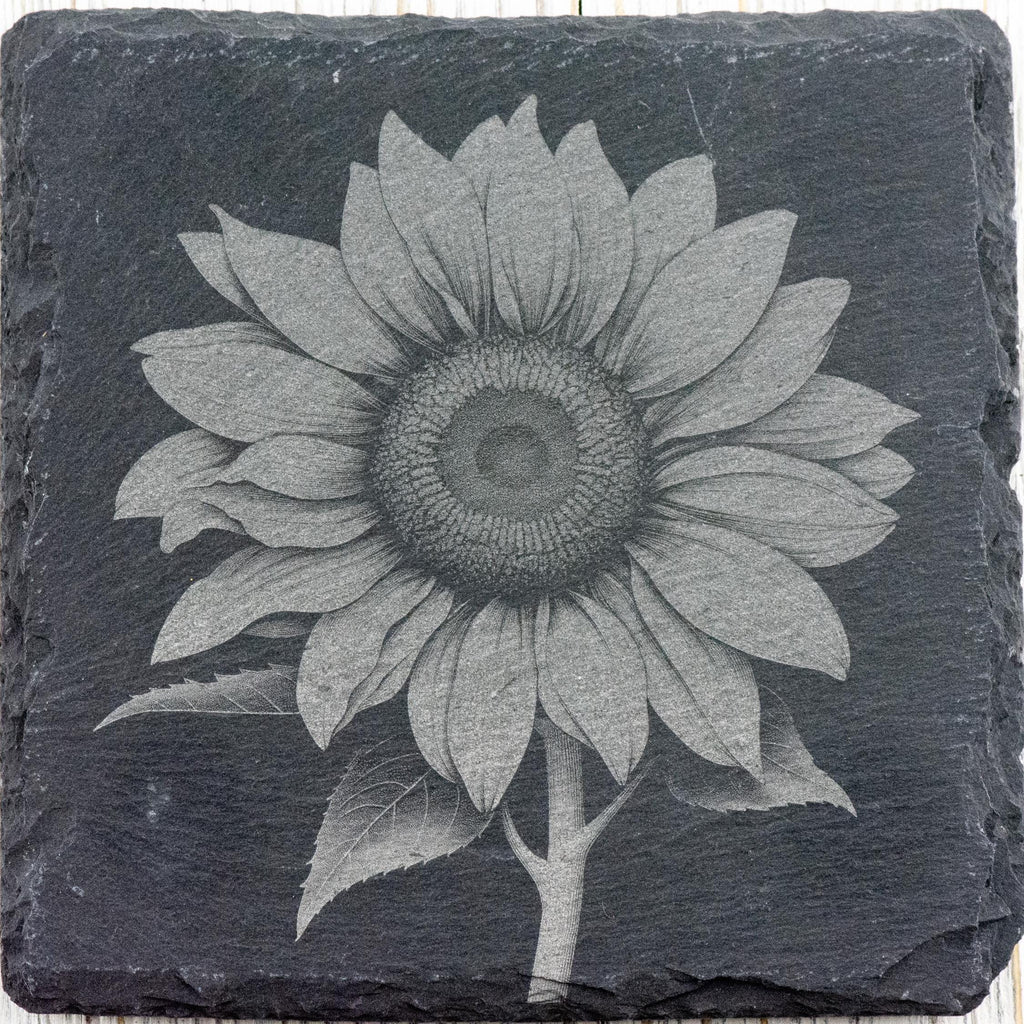 Laser Engraved Sunflower Black Slate Square Coaster • Rustic Barware