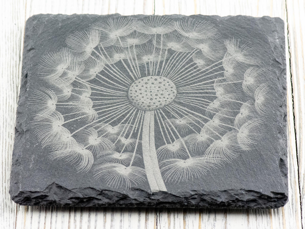 Laser Engraved Dandelion Black Slate Square Coaster • Rustic Barware