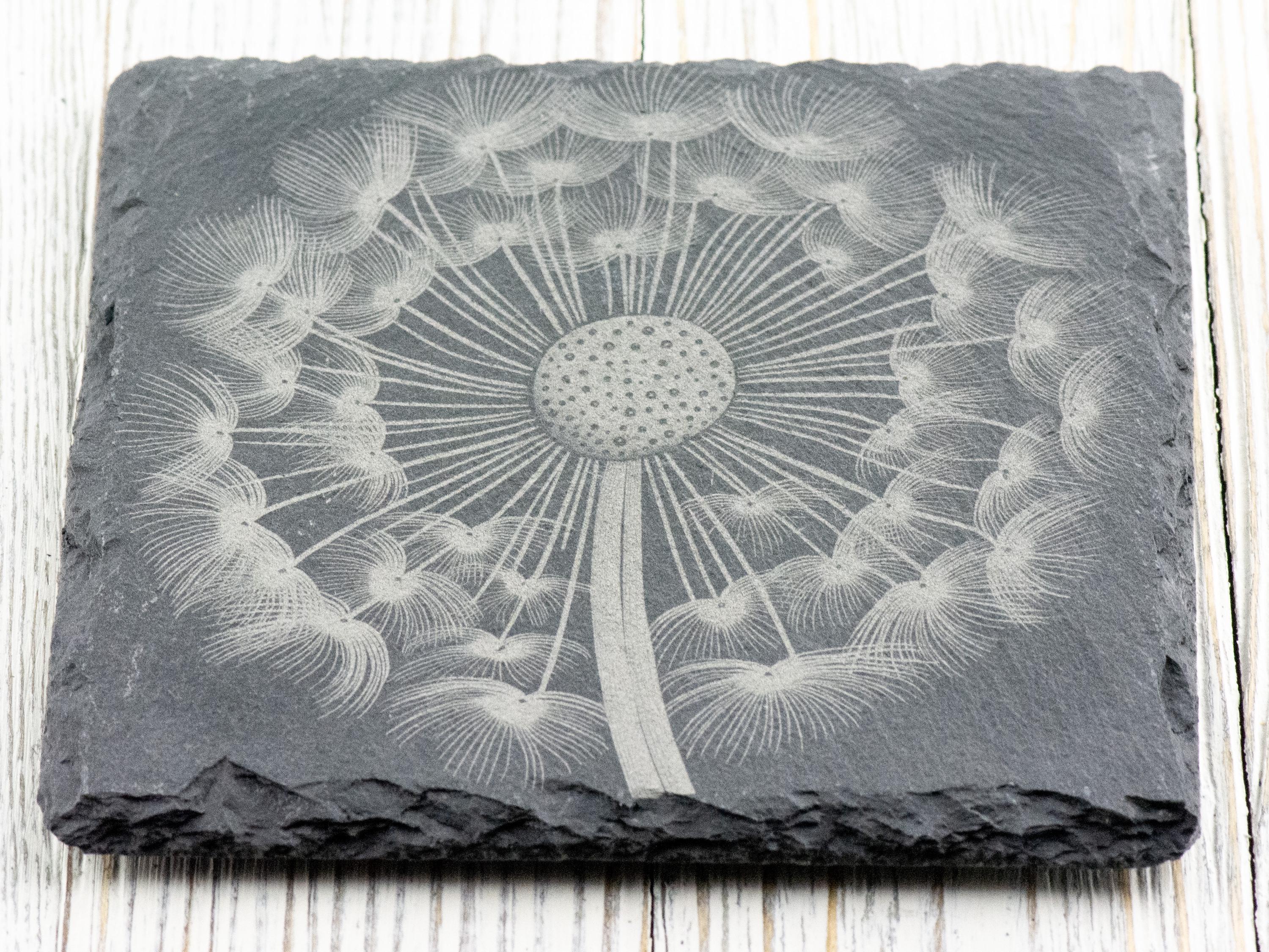 Laser Engraved Dandelion Black Slate Square Coaster • Rustic Barware