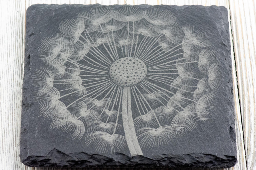 Laser Engraved Dandelion Black Slate Square Coaster • Rustic Barware