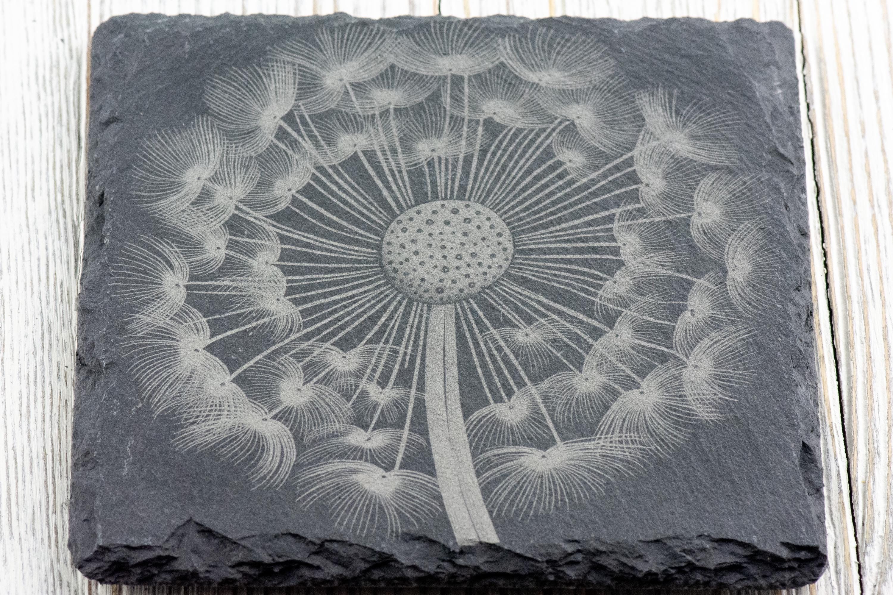 Laser Engraved Dandelion Black Slate Square Coaster • Rustic Barware