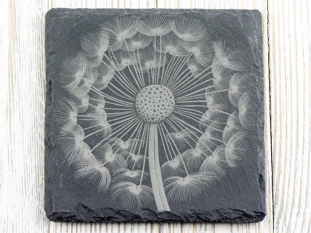 Laser Engraved Dandelion Black Slate Square Coaster • Rustic Barware