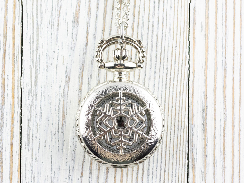 Snowflake Platinum Silver Pocket Watch Long Necklace / Unique Watches / Winter Necklace