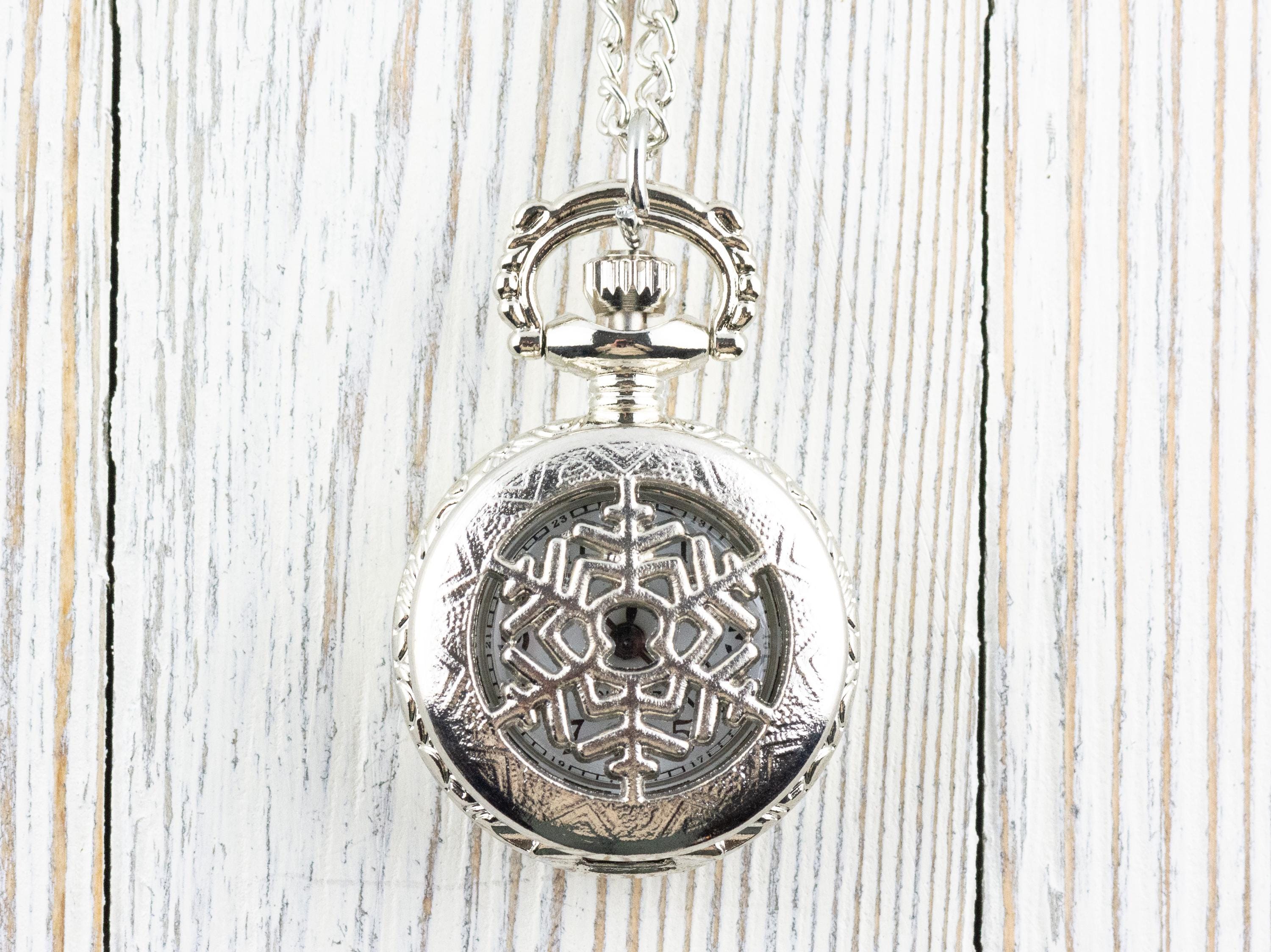 Snowflake Platinum Silver Pocket Watch Long Necklace / Unique Watches / Winter Necklace