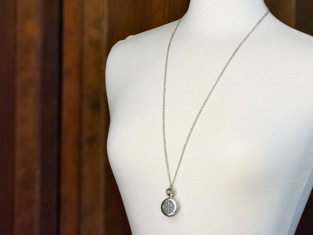 Snowflake Platinum Silver Pocket Watch Long Necklace / Unique Watches / Winter Necklace