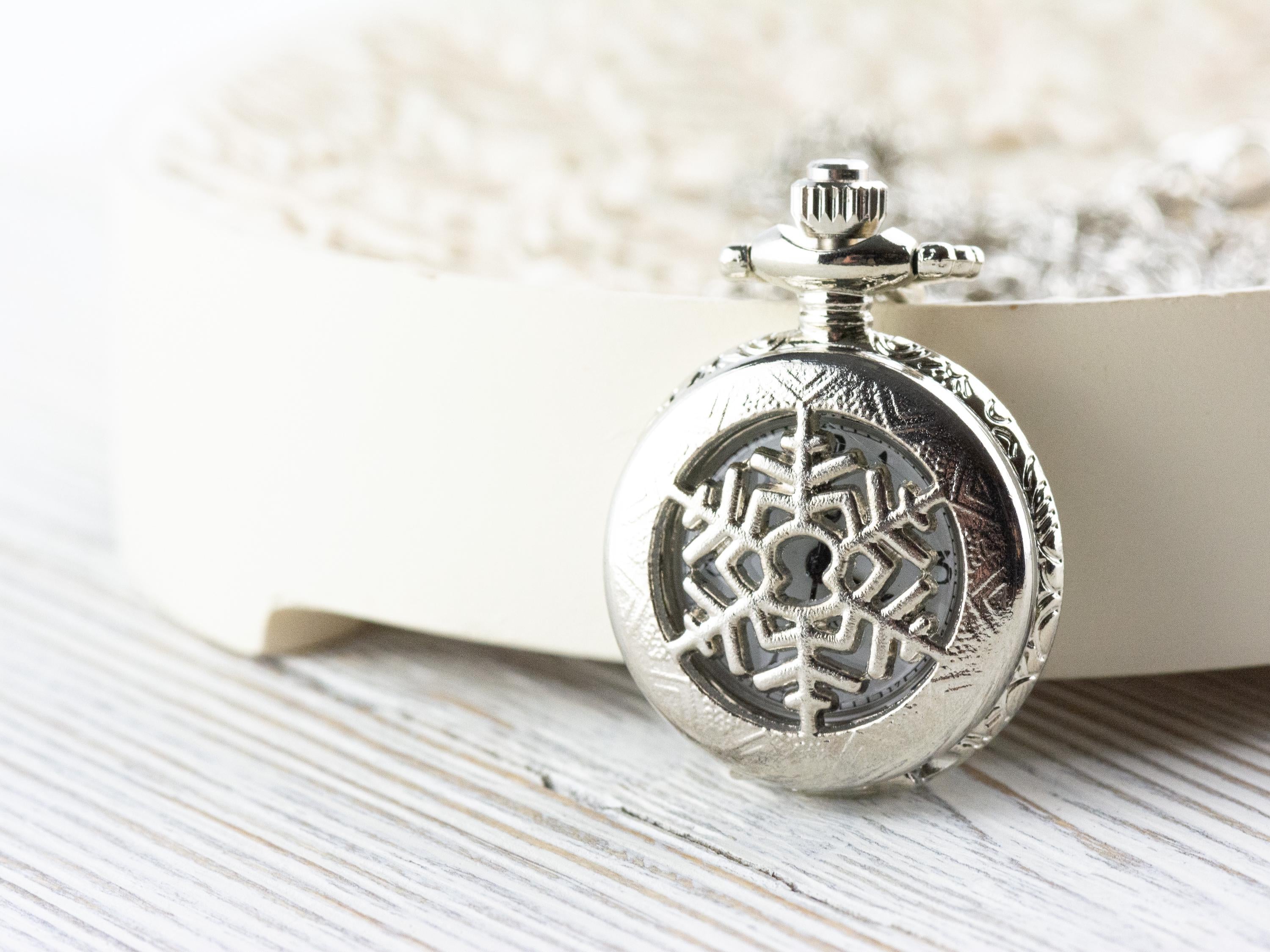 Snowflake Platinum Silver Pocket Watch Long Necklace / Unique Watches / Winter Necklace