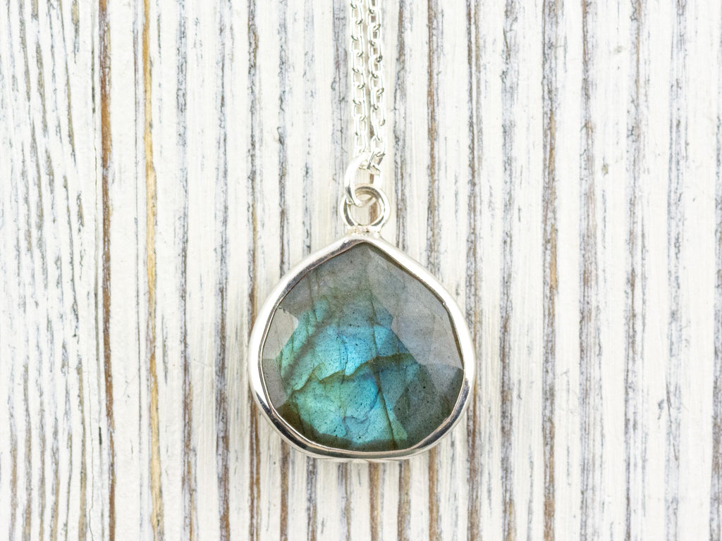 Sterling Silver Labradorite Teardrop Pendant Necklace • Simple Minimalist Necklace • Best .925 Jewelry Gift for Her • Gemstone Jewelry
