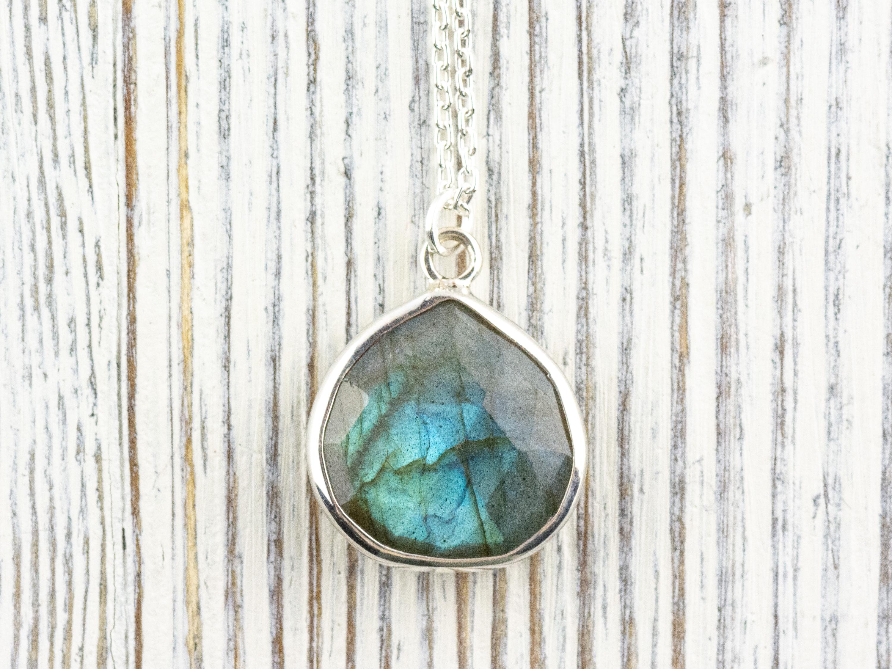 Sterling Silver Labradorite Teardrop Pendant Necklace • Simple Minimalist Necklace • Best .925 Jewelry Gift for Her • Gemstone Jewelry
