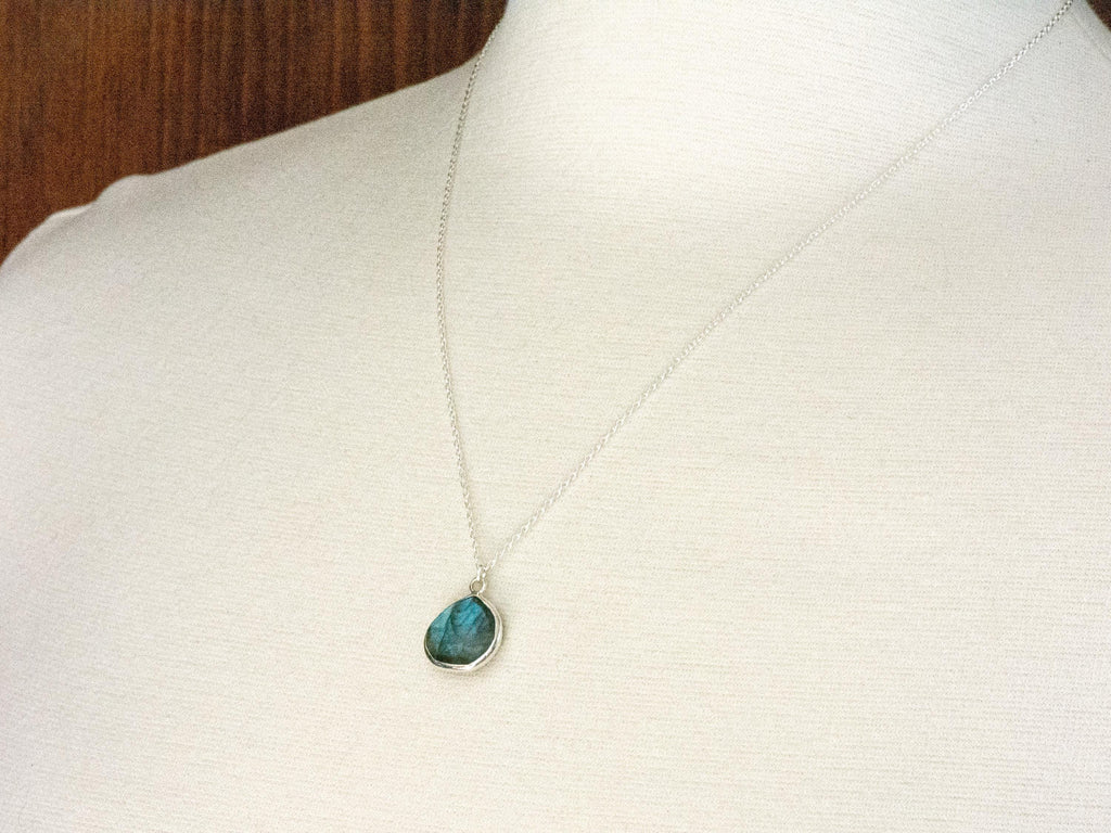 Sterling Silver Labradorite Teardrop Pendant Necklace • Simple Minimalist Necklace • Best .925 Jewelry Gift for Her • Gemstone Jewelry