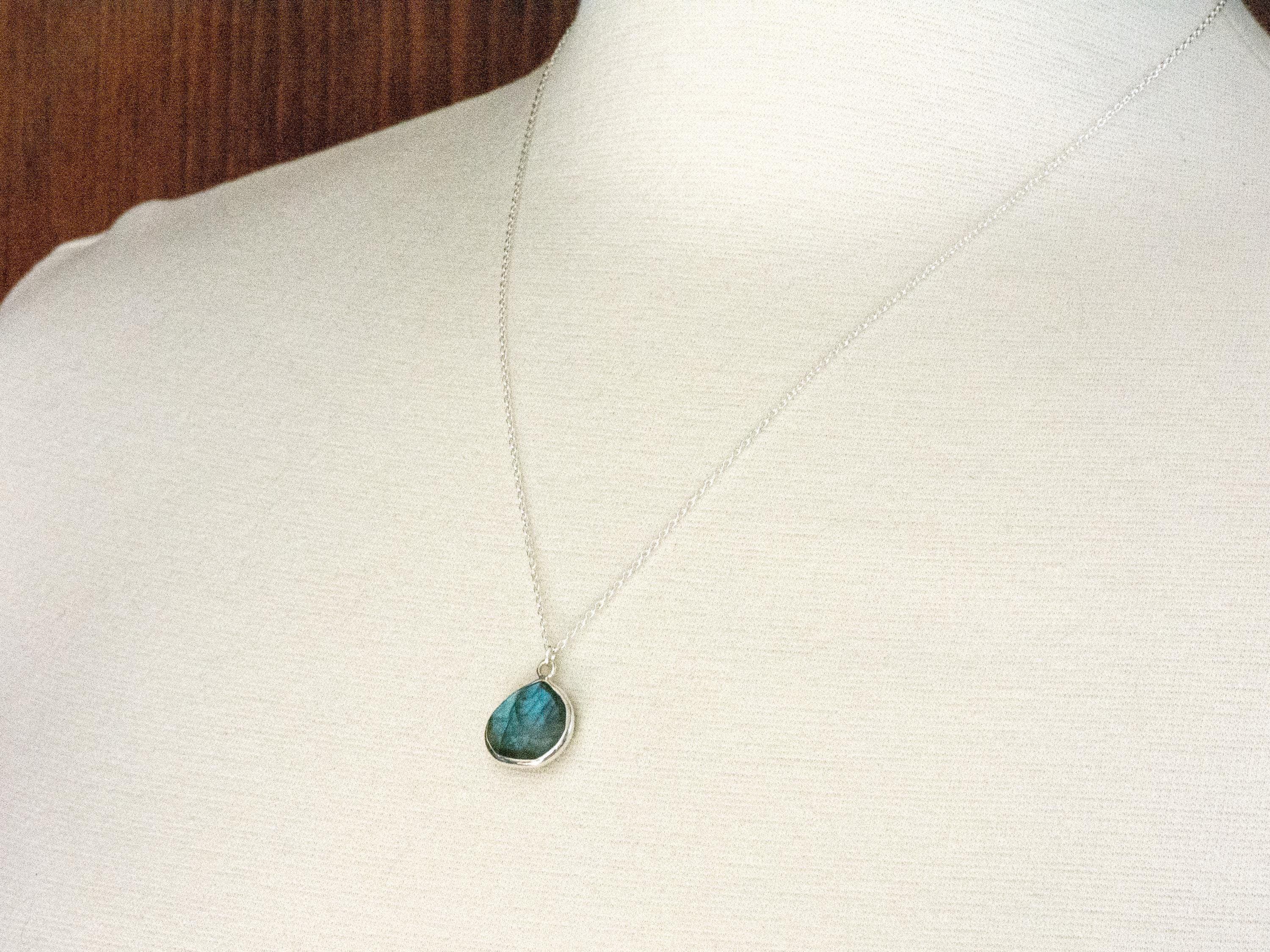Sterling Silver Labradorite Teardrop Pendant Necklace • Simple Minimalist Necklace • Best .925 Jewelry Gift for Her • Gemstone Jewelry