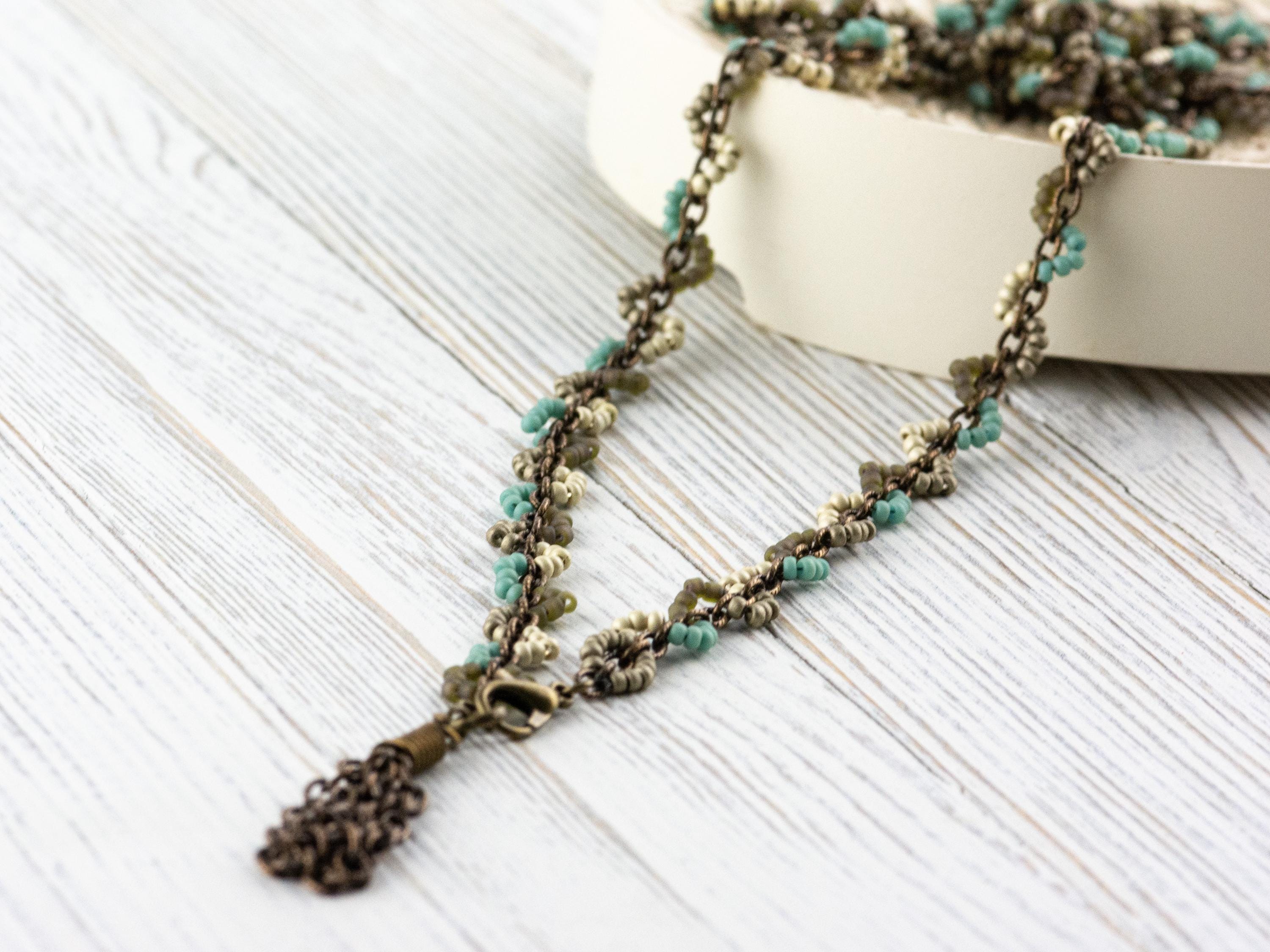 Earth Tone Seed Bead Boho Necklace • Long Brass Chain Tassel Necklace • Nature Inspired Handmade Bohemian Jewelry • Unique Necklace
