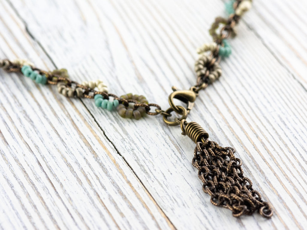Earth Tone Seed Bead Boho Necklace • Long Brass Chain Tassel Necklace • Nature Inspired Handmade Bohemian Jewelry • Unique Necklace