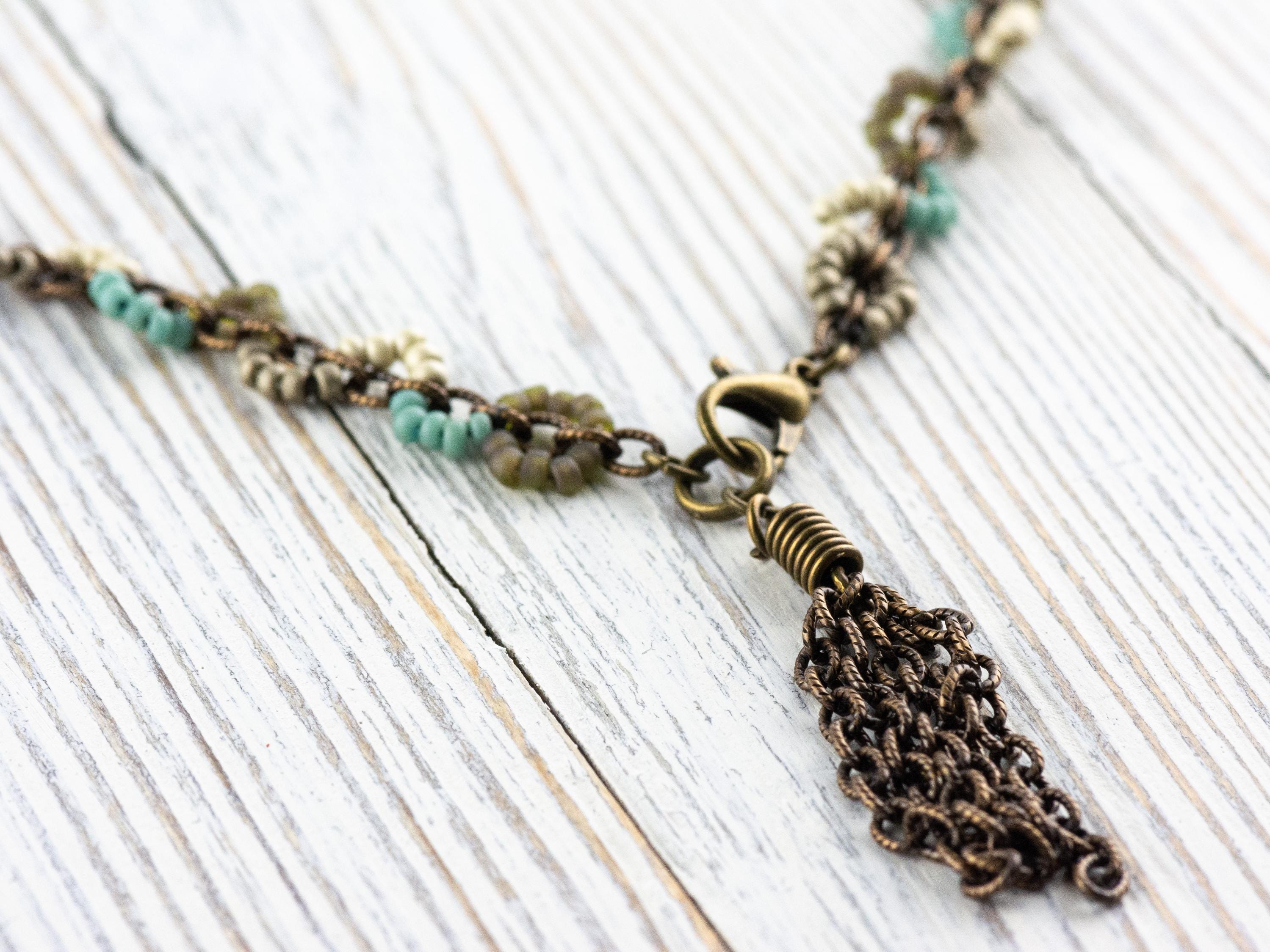 Earth Tone Seed Bead Boho Necklace • Long Brass Chain Tassel Necklace • Nature Inspired Handmade Bohemian Jewelry • Unique Necklace