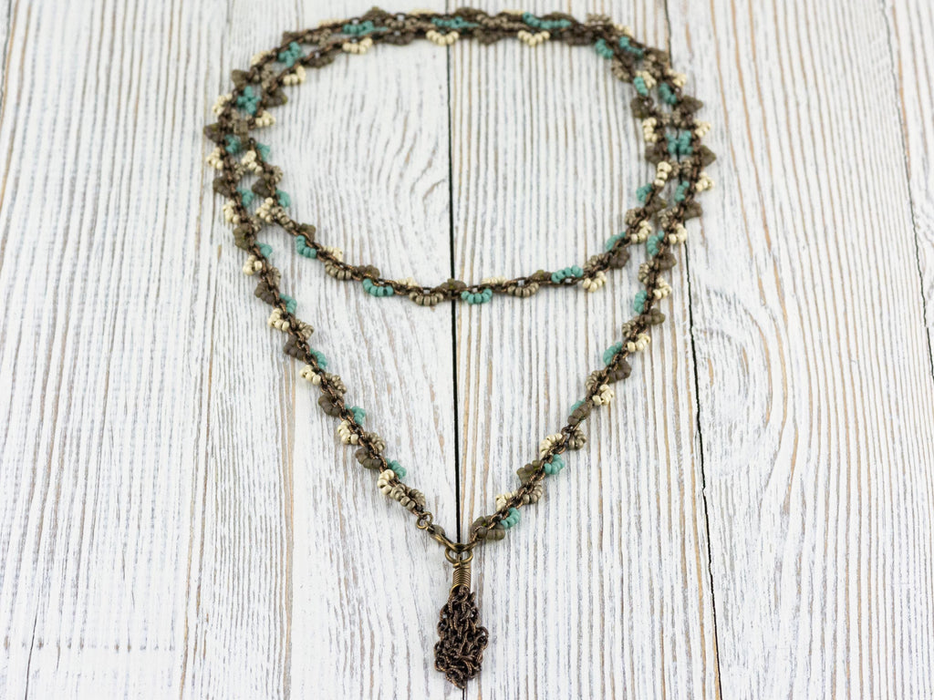 Earth Tone Seed Bead Boho Necklace • Long Brass Chain Tassel Necklace • Nature Inspired Handmade Bohemian Jewelry • Unique Necklace