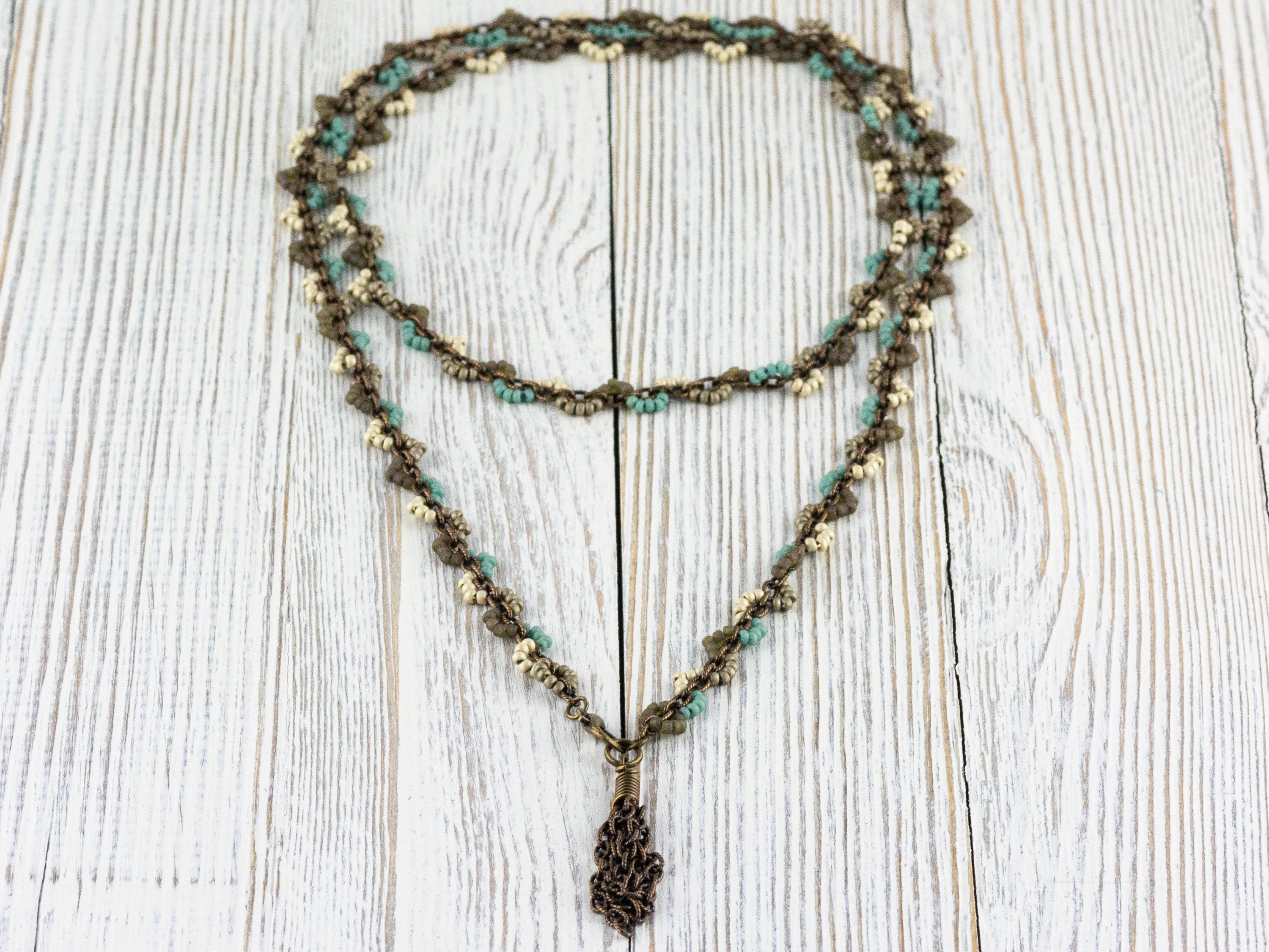 Earth Tone Seed Bead Boho Necklace • Long Brass Chain Tassel Necklace • Nature Inspired Handmade Bohemian Jewelry • Unique Necklace