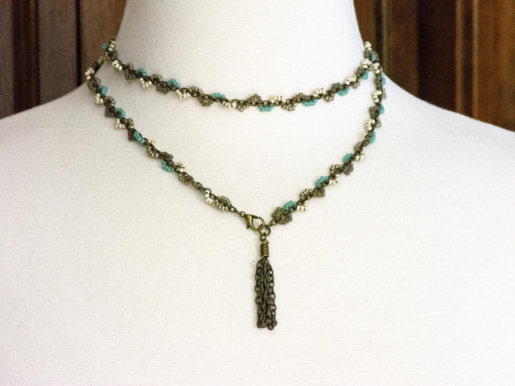 Earth Tone Seed Bead Boho Necklace • Long Brass Chain Tassel Necklace • Nature Inspired Handmade Bohemian Jewelry • Unique Necklace