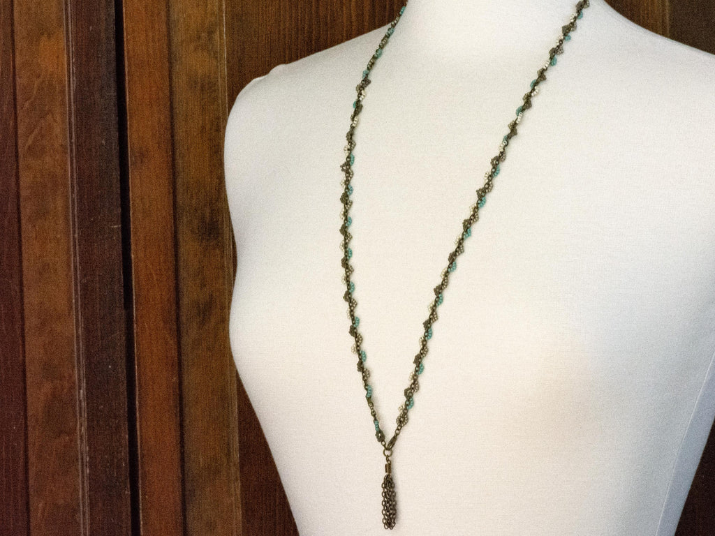 Earth Tone Seed Bead Boho Necklace • Long Brass Chain Tassel Necklace • Nature Inspired Handmade Bohemian Jewelry • Unique Necklace
