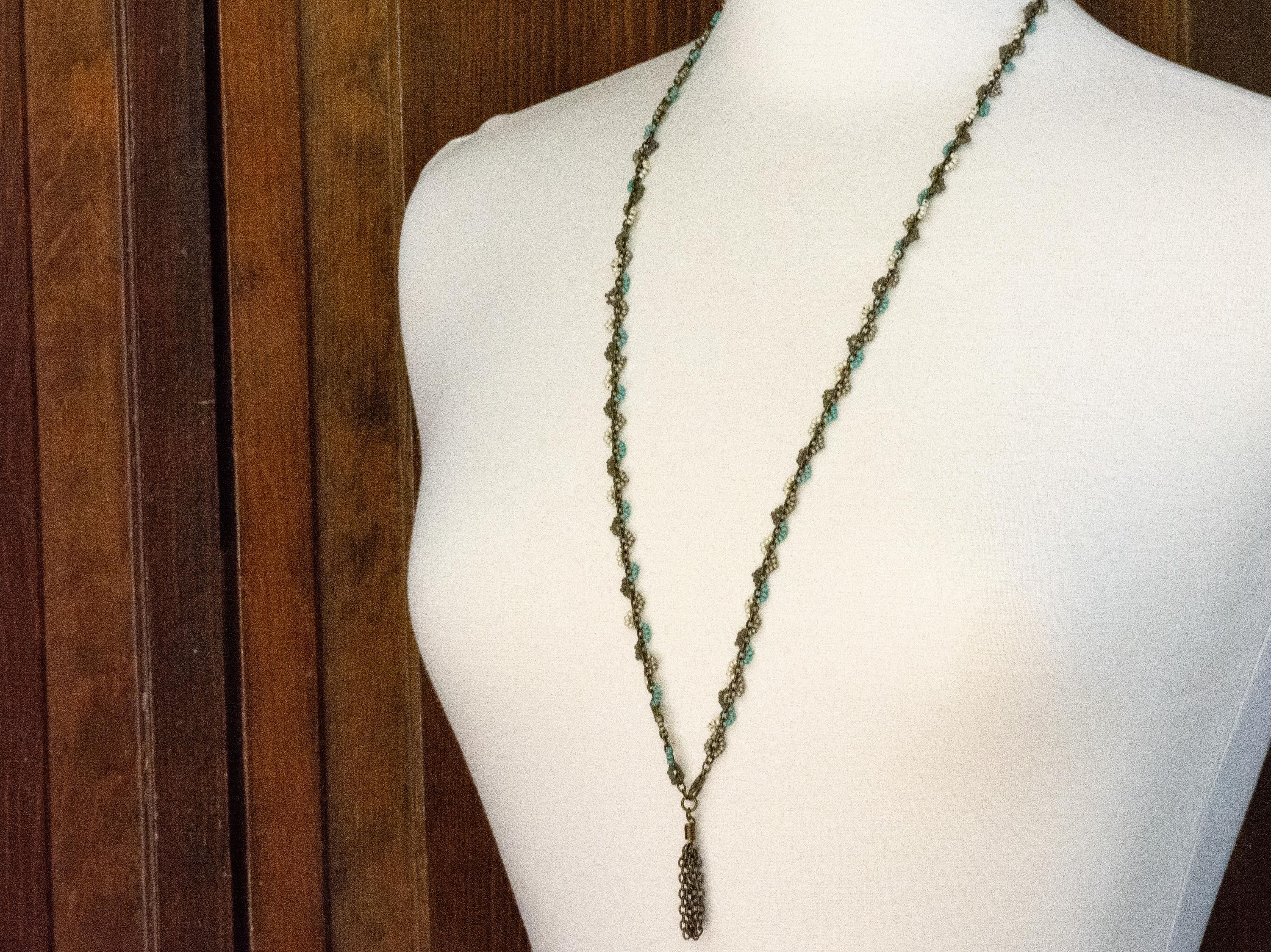Earth Tone Seed Bead Boho Necklace • Long Brass Chain Tassel Necklace • Nature Inspired Handmade Bohemian Jewelry • Unique Necklace