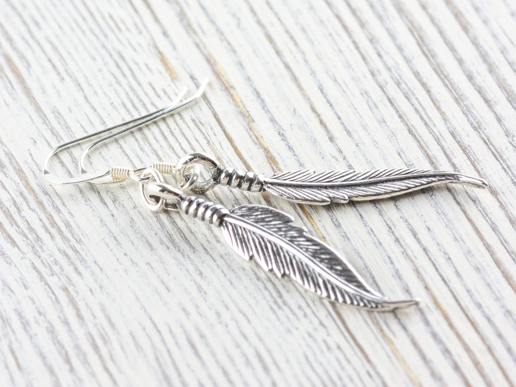 Feather .925 Sterling Silver Earrings • Nature-Themed Boho Minimalist Jewelry • Hypoallergenic Cute Dainty Drop Earrings