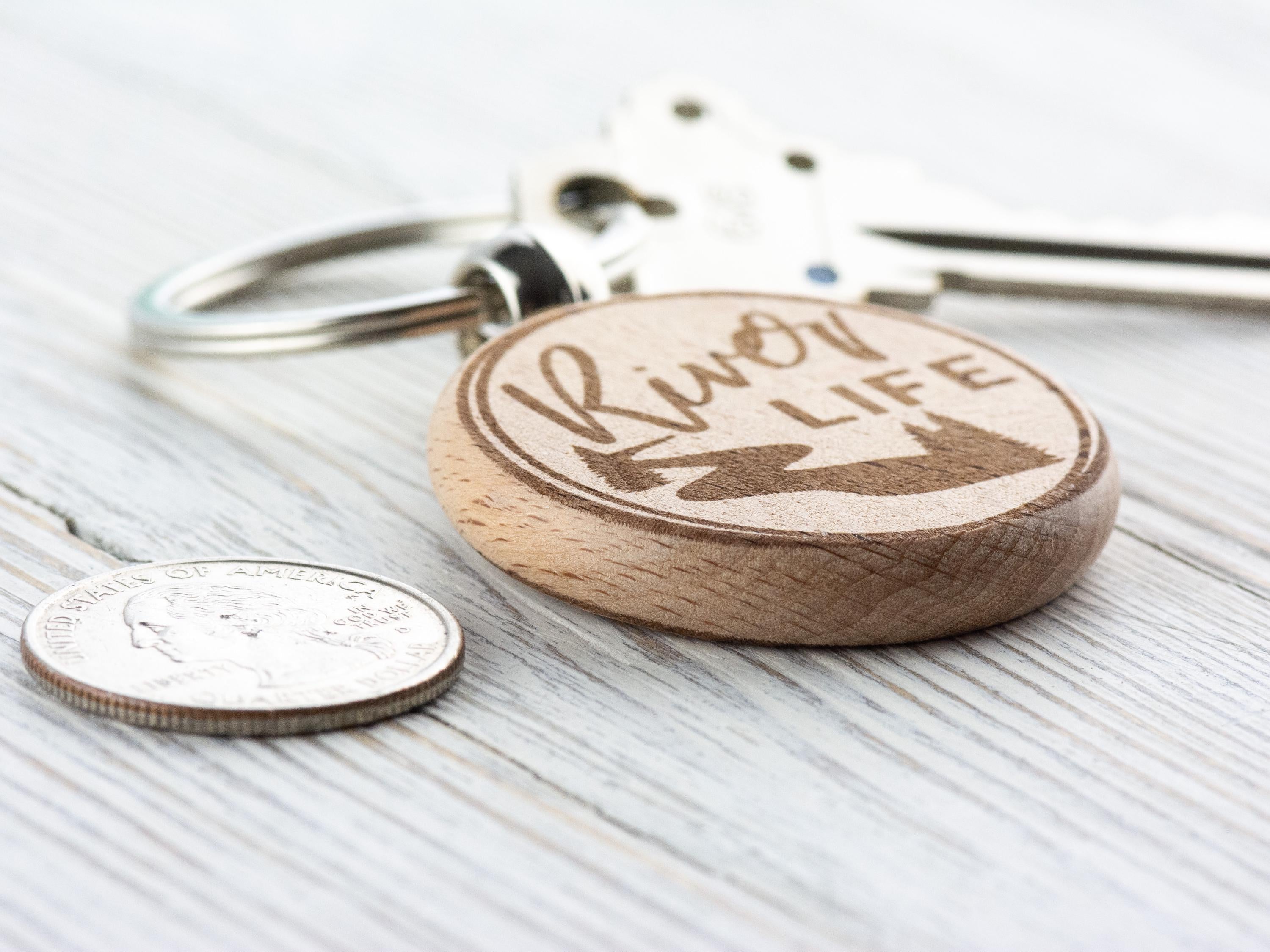 River Life Natural Wood Keychain • Laser-Engraved Stainless Steel Keyring • Double-Sided