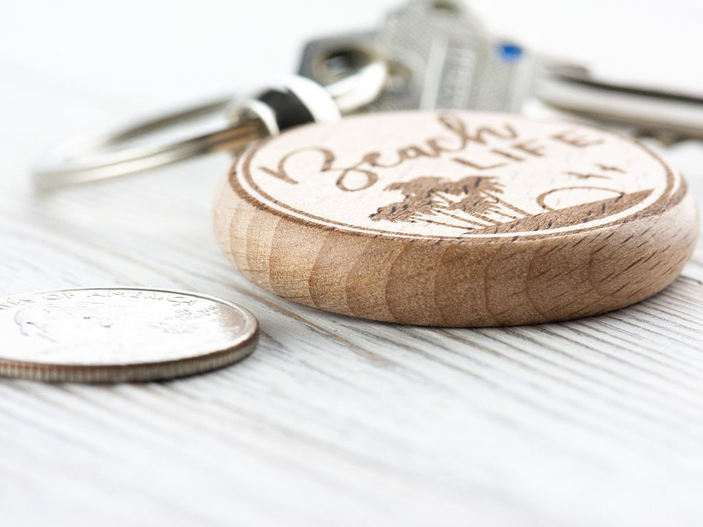 Beach Life Natural Wood Keychain • Laser-Engraved Stainless Steel Keyring • Double-Sided